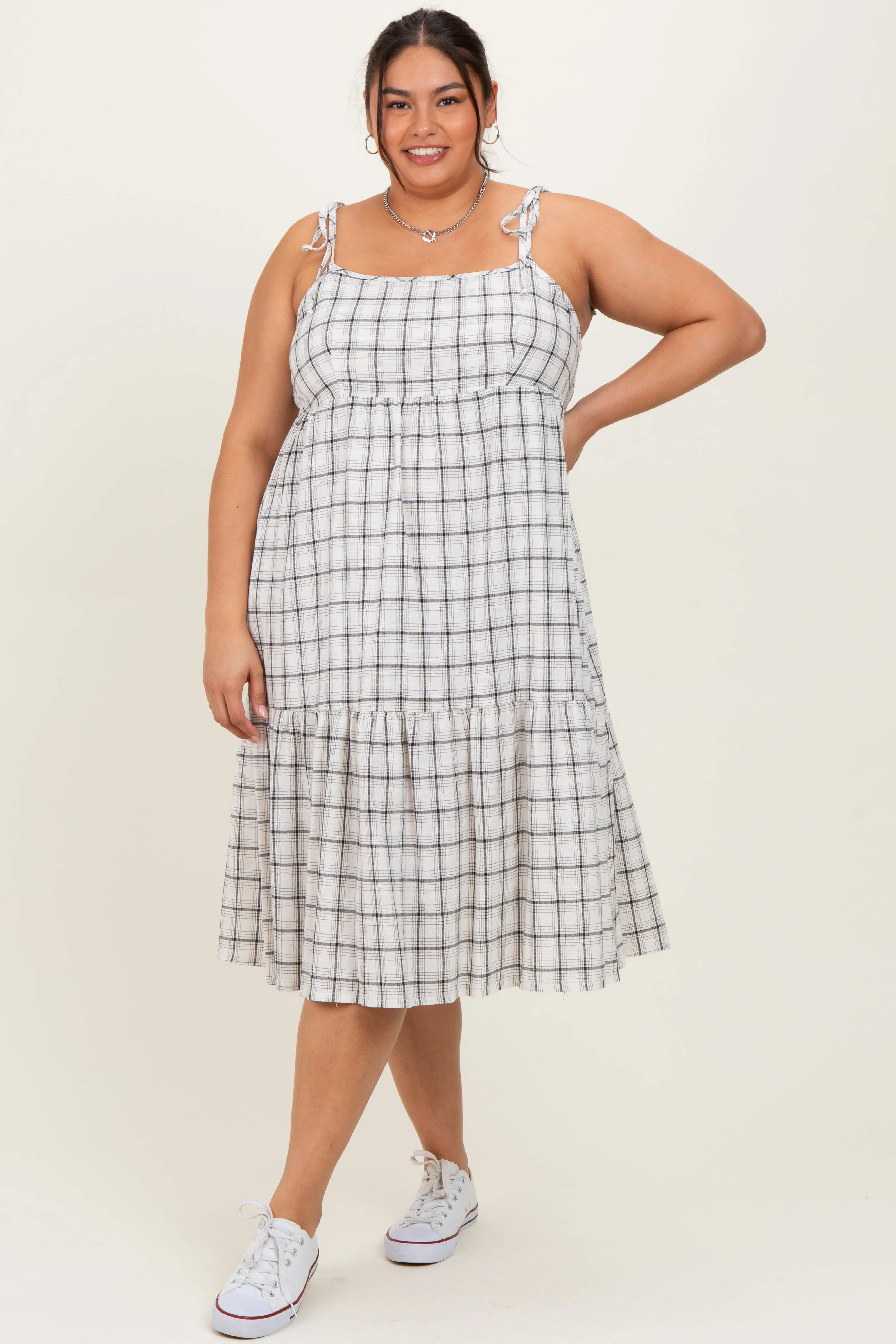 Ivory Plaid Shoulder Tie Plus Midi Dress sold by Pinkblush product image thumbnail 2