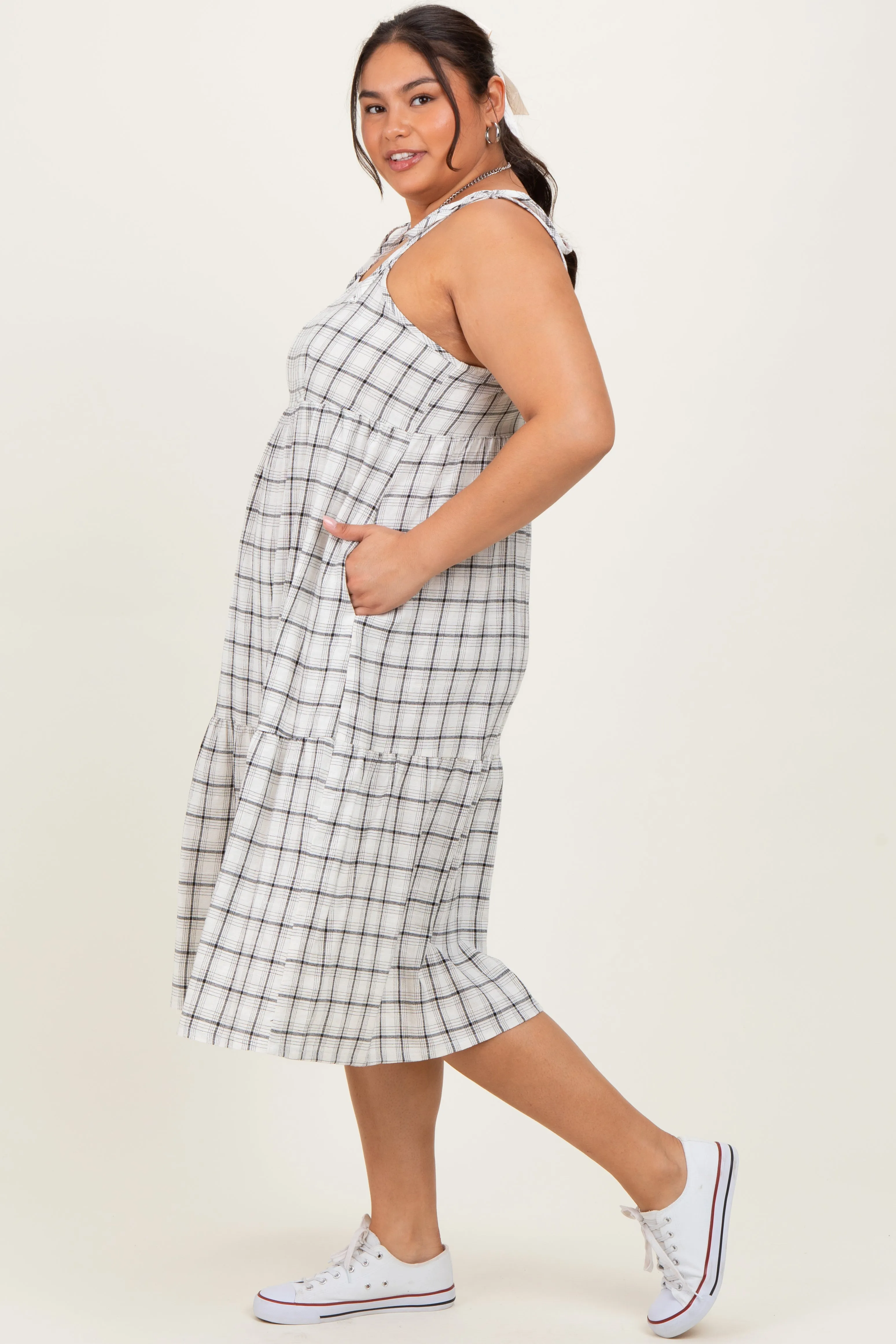 Ivory Plaid Shoulder Tie Plus Midi Dress sold by Pinkblush product image thumbnail 3
