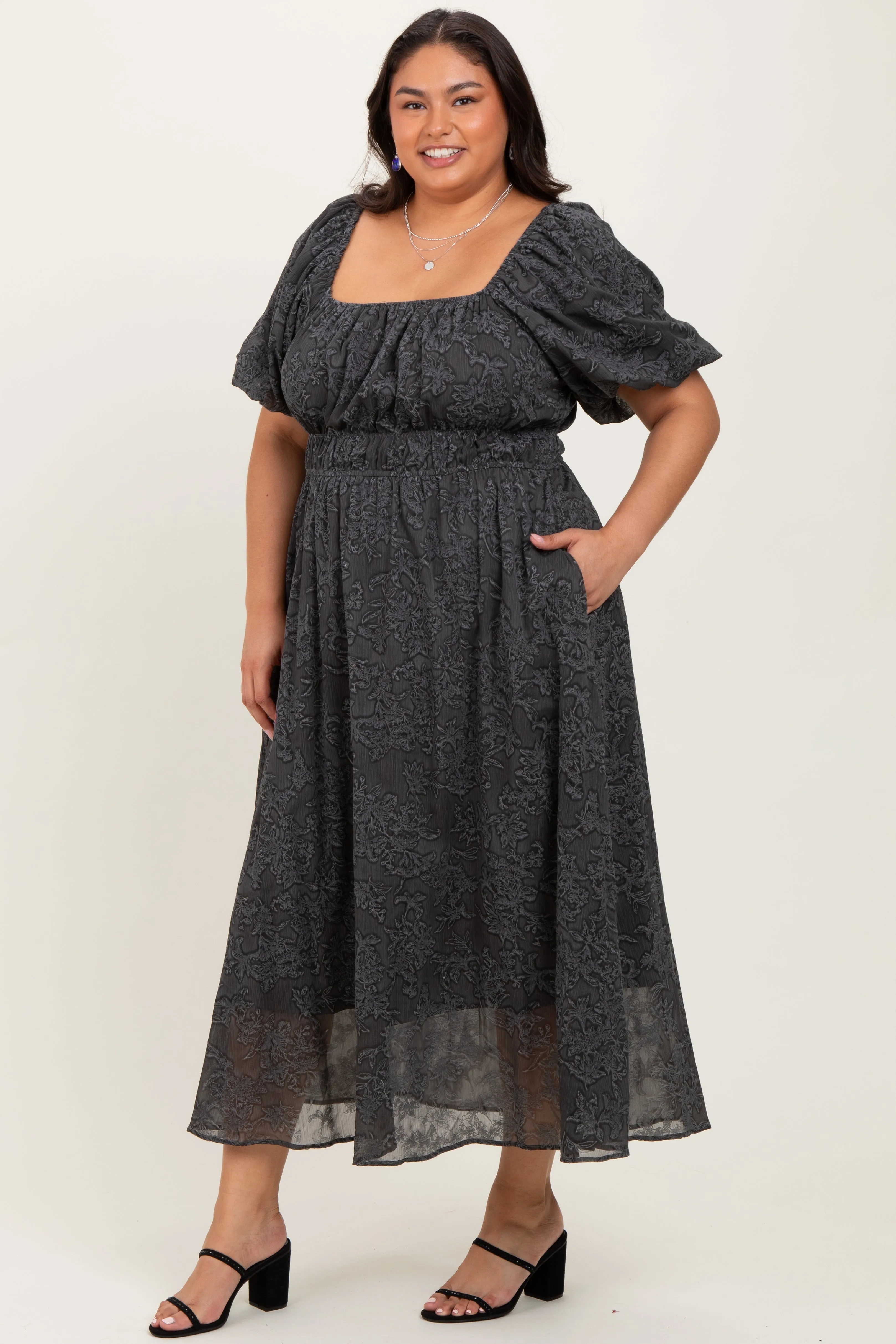 Charcoal Floral Square Neck Bubble Sleeve Plus Midi Dress sold by Pinkblush product image thumbnail 2