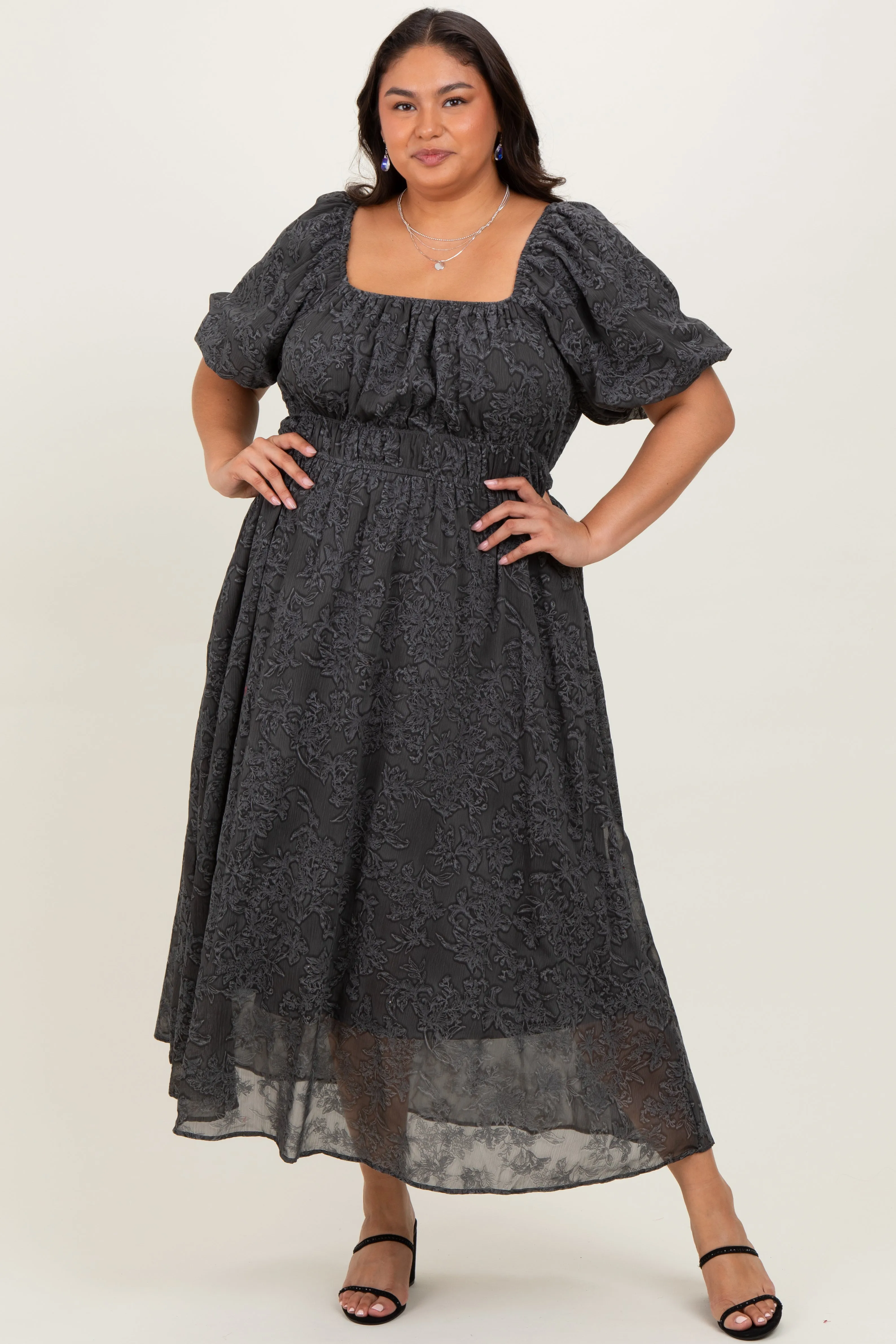 Charcoal Floral Square Neck Bubble Sleeve Plus Midi Dress sold by Pinkblush product image thumbnail 3