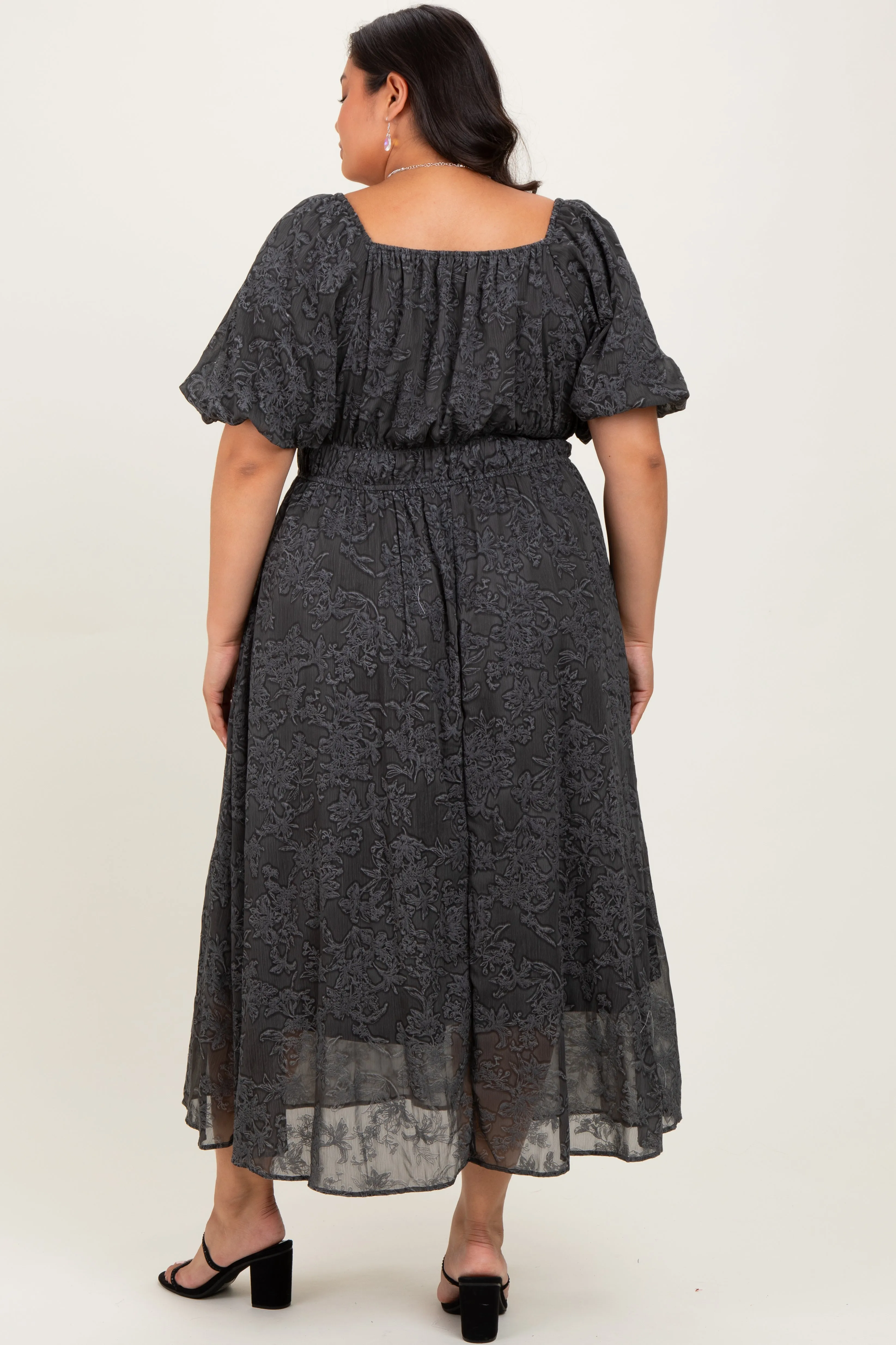 Charcoal Floral Square Neck Bubble Sleeve Plus Midi Dress sold by Pinkblush product image thumbnail 4