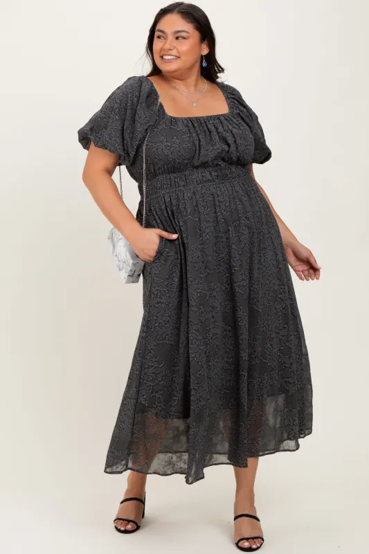 Charcoal Floral Square Neck Bubble Sleeve Plus Midi Dress sold by Pinkblush
