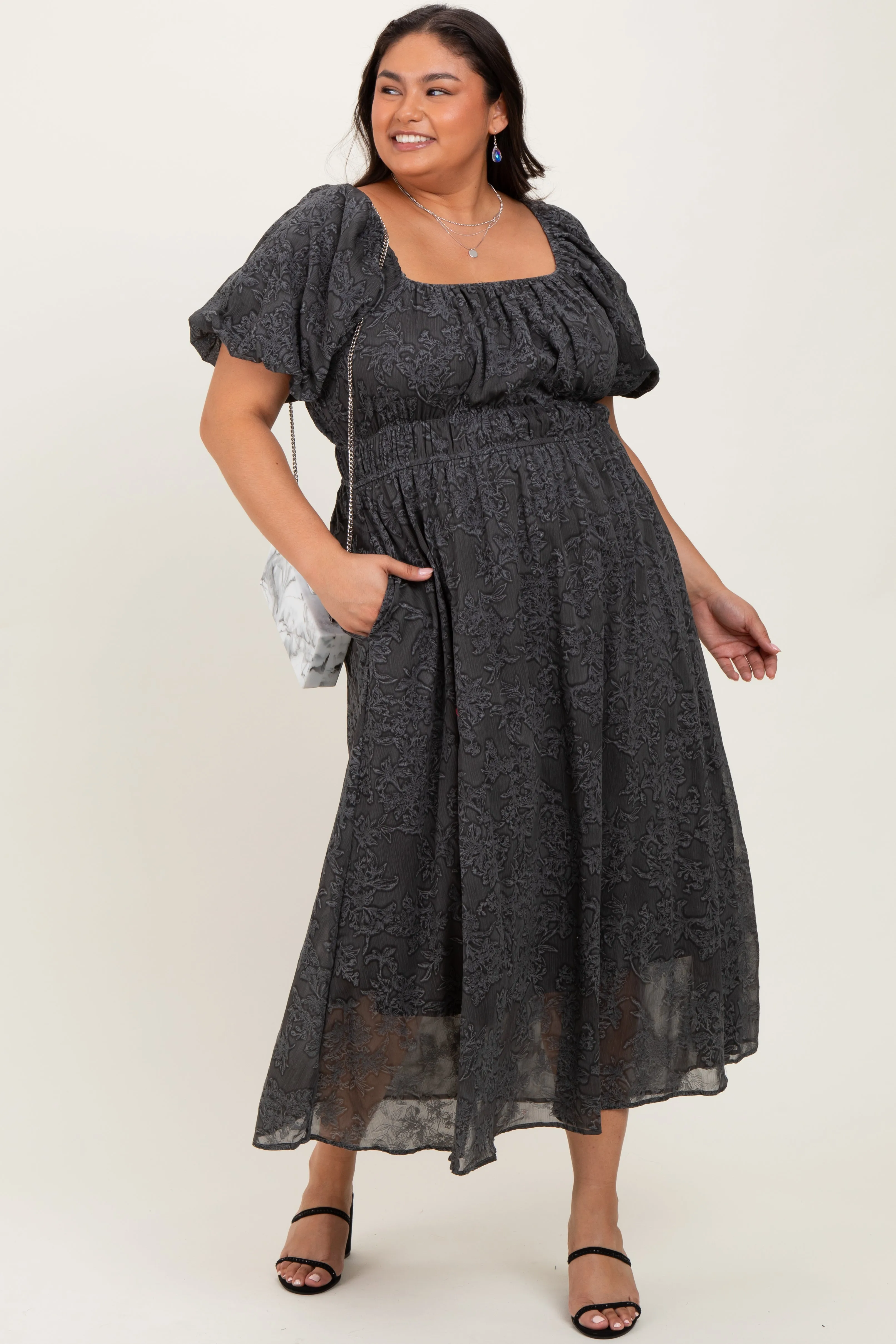 Charcoal Floral Square Neck Bubble Sleeve Plus Midi Dress sold by Pinkblush