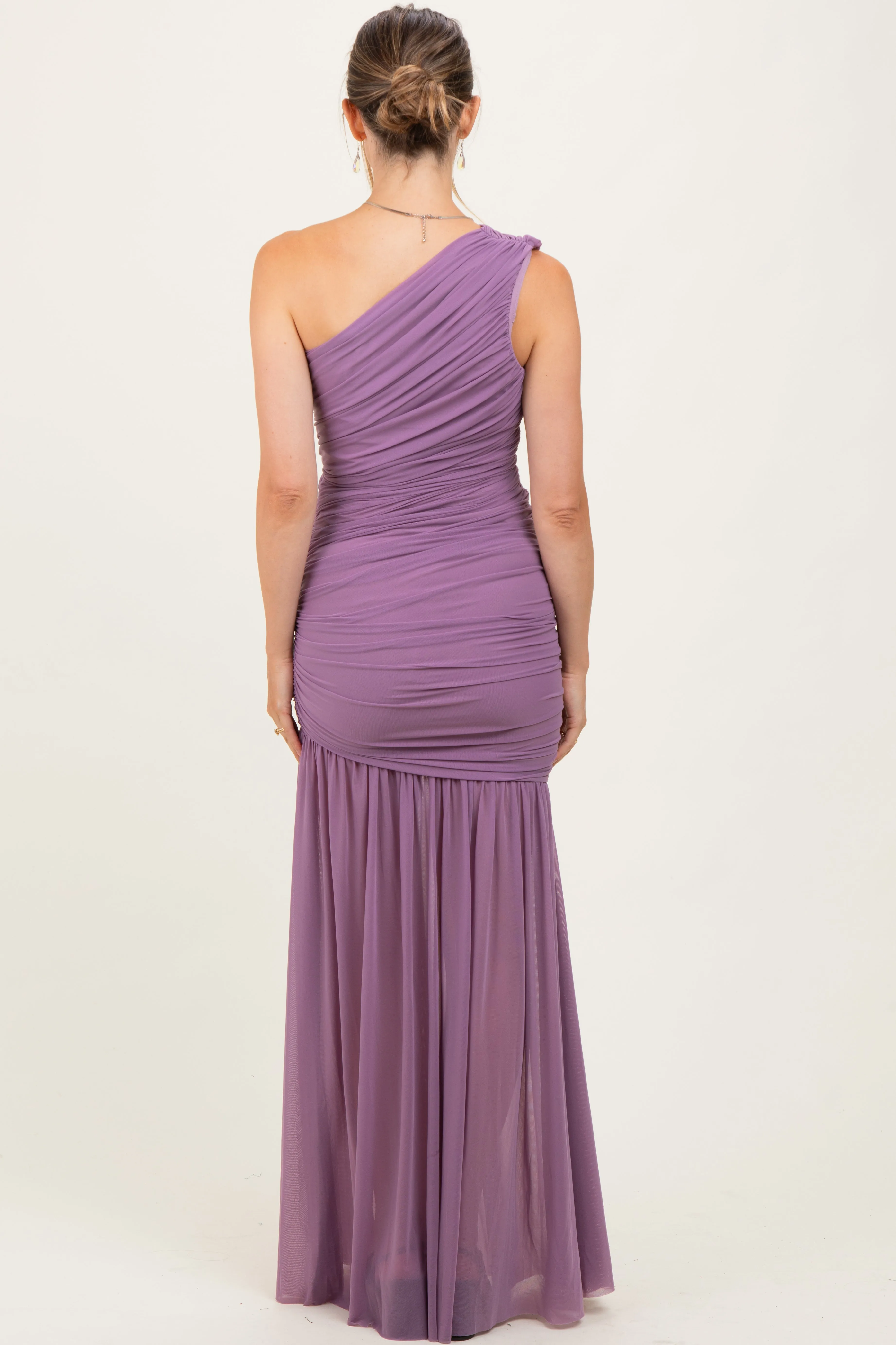 Dark Lavender Ruched Mesh One Shoulder Maternity Maxi Dress sold by Pinkblush product image thumbnail 3