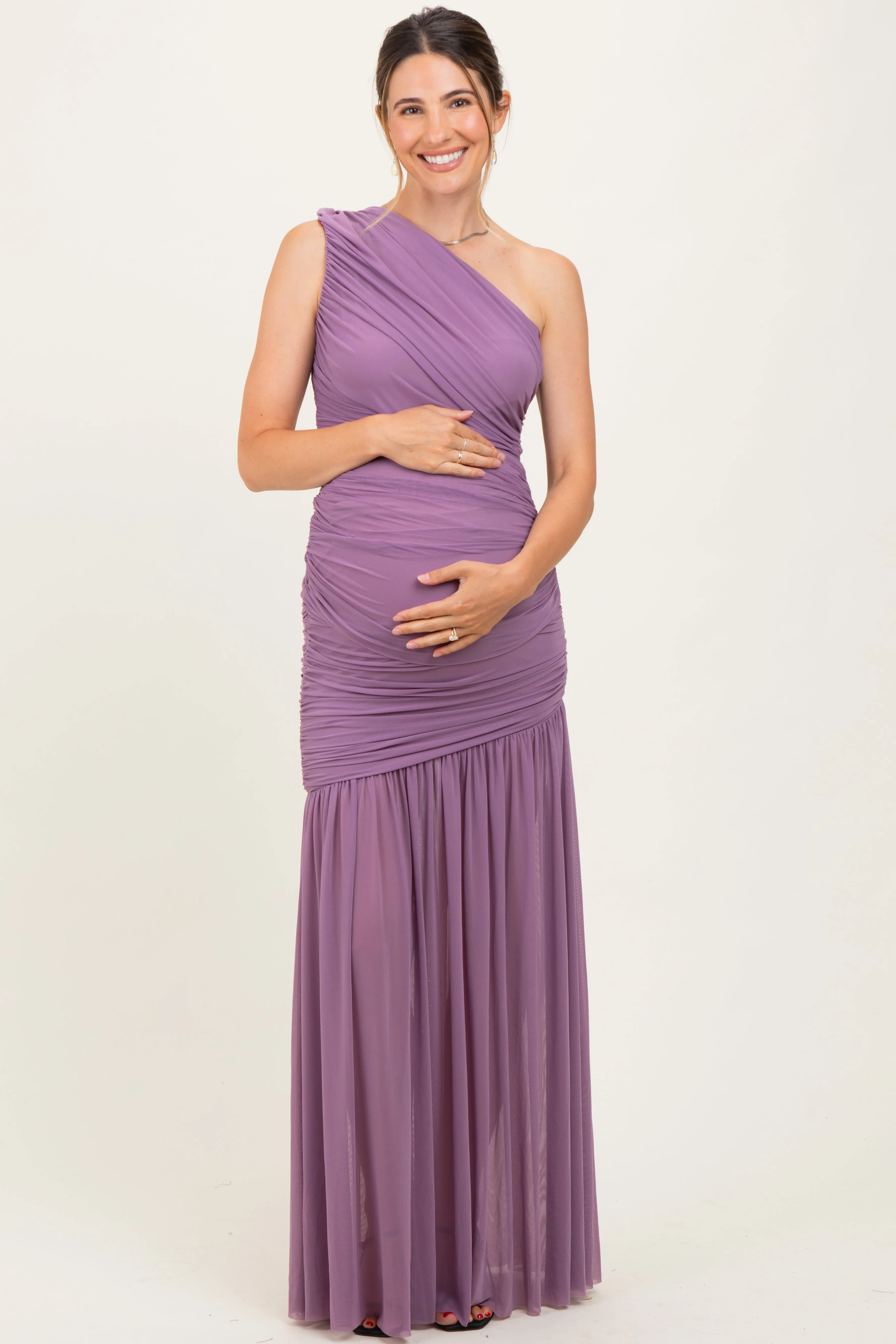 Dark Lavender Ruched Mesh One Shoulder Maternity Maxi Dress sold by Pinkblush