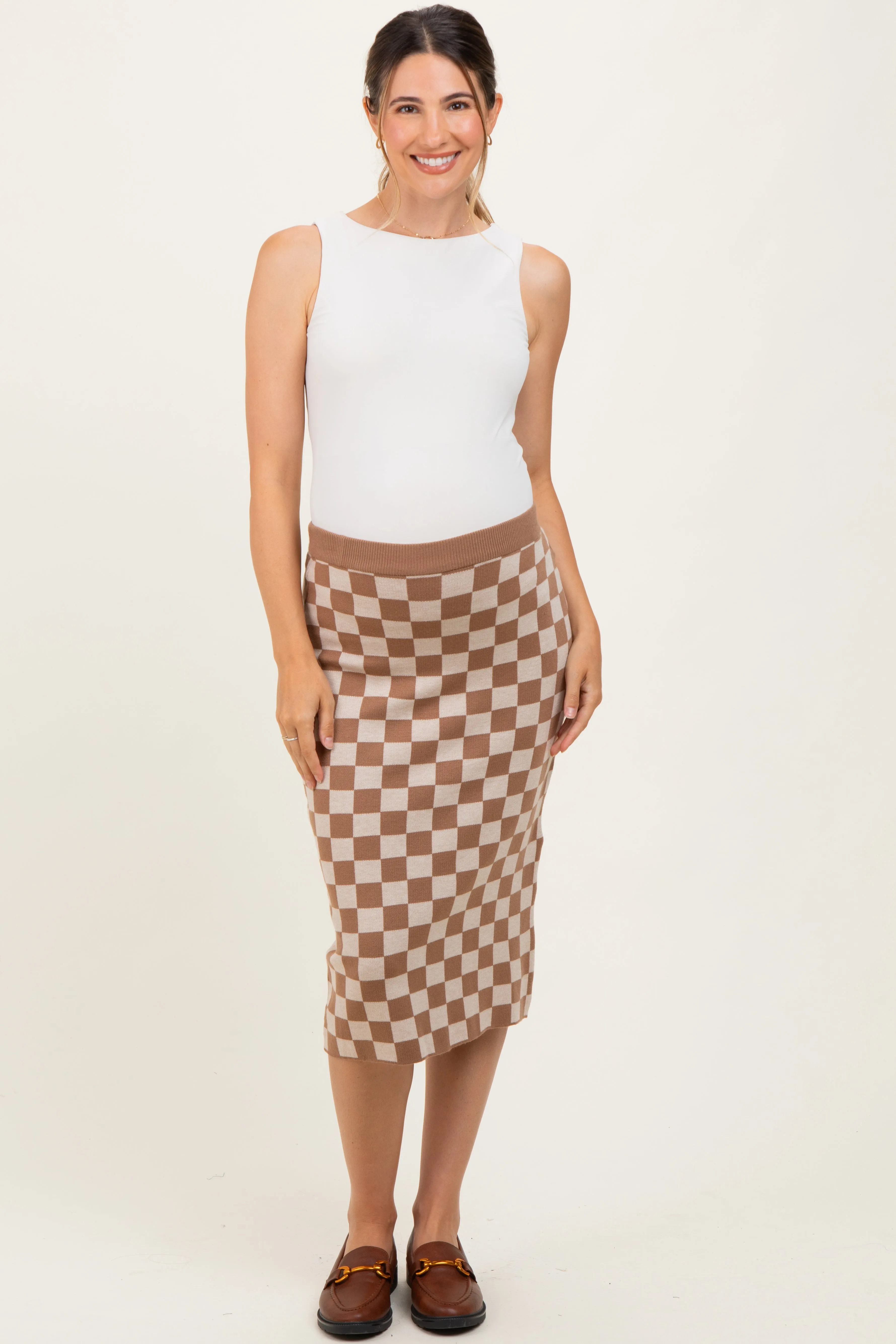 Taupe Checkered Knit Maternity Skirt sold by Pinkblush