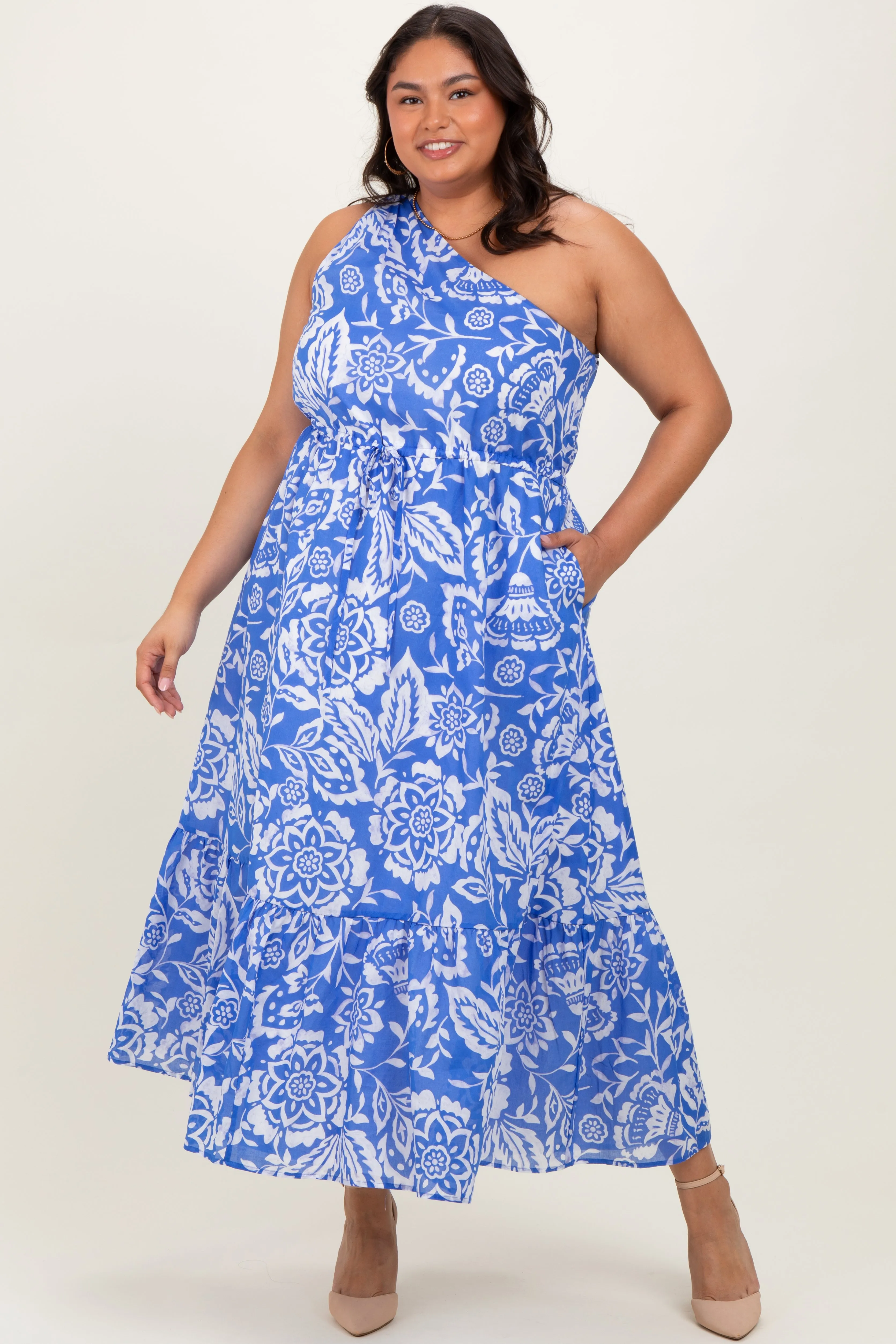 Royal Blue Floral One Shoulder Plus Maxi Dress sold by Pinkblush product image thumbnail 2