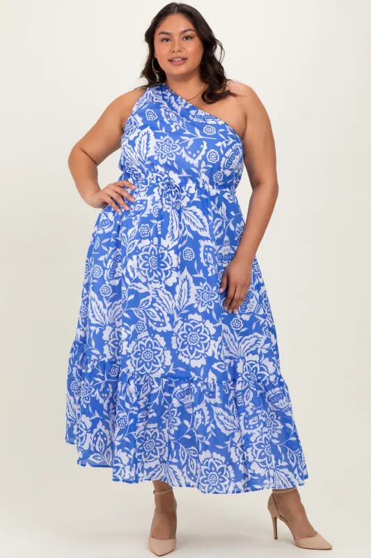 Royal Blue Floral One Shoulder Plus Maxi Dress sold by Pinkblush