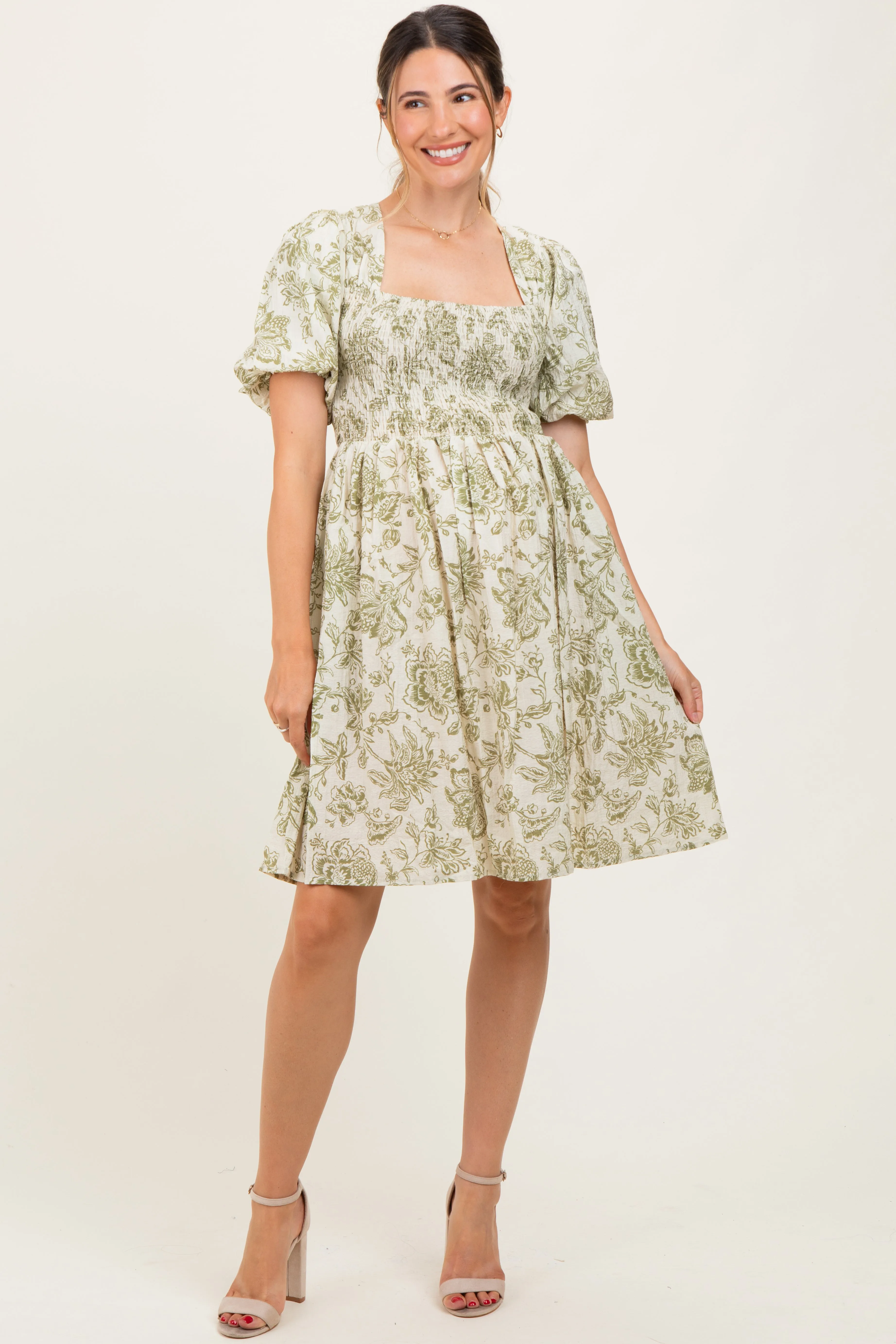 Olive Floral Smocked Puff Sleeve Maternity Dress sold by Pinkblush product image thumbnail 2