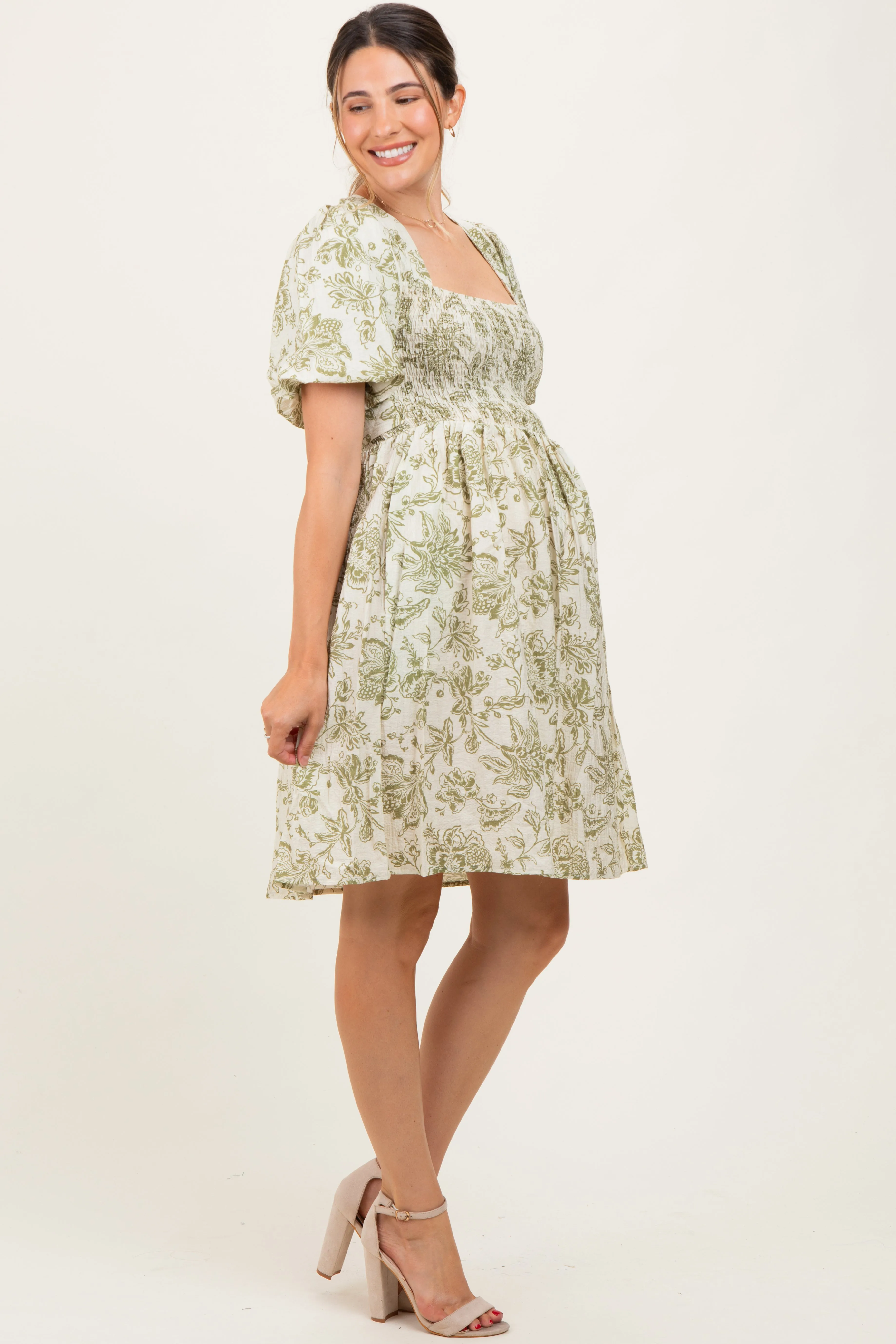 Olive Floral Smocked Puff Sleeve Maternity Dress sold by Pinkblush product image thumbnail 3