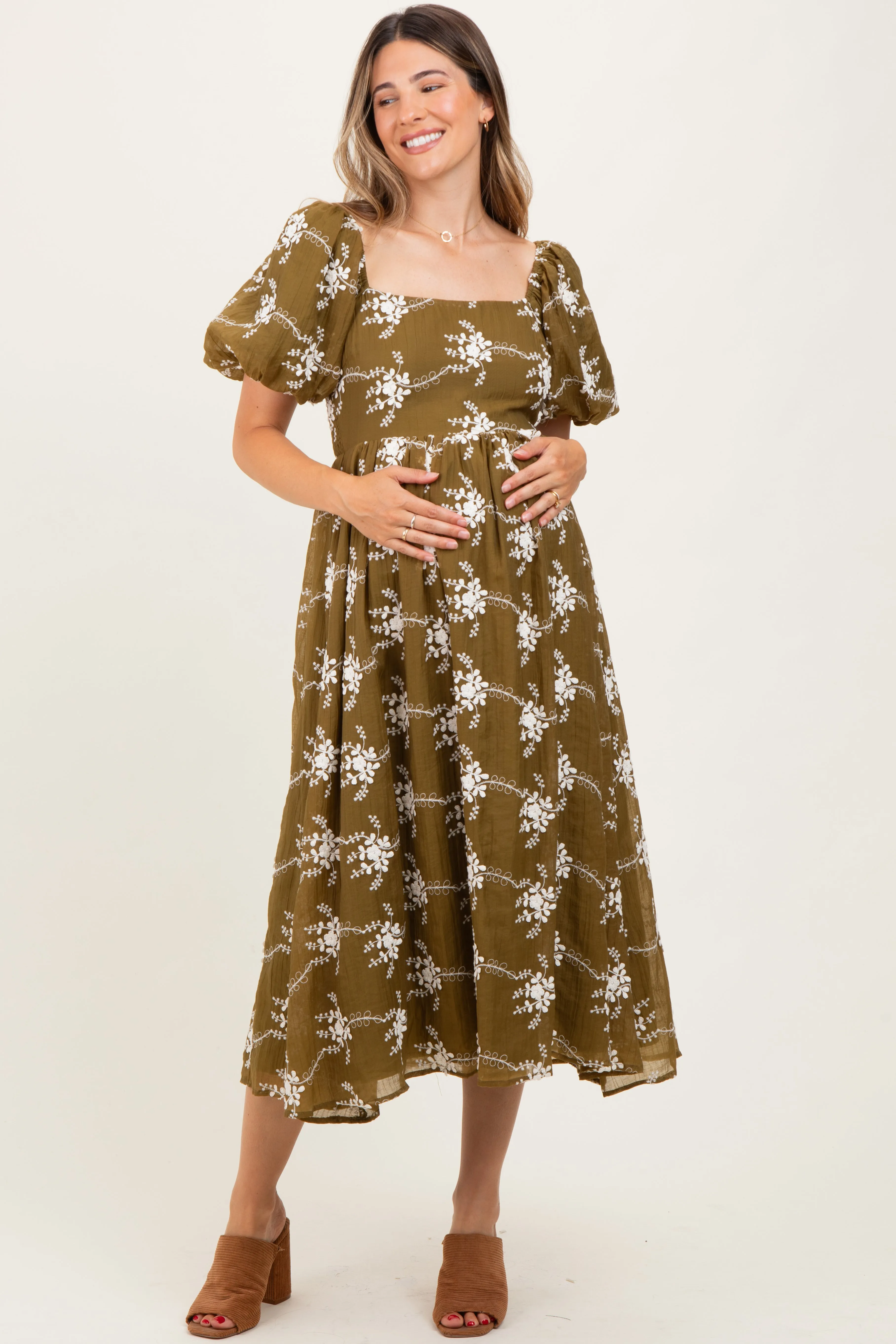 Dark Olive Textured Maternity Midi Dress sold by Pinkblush product image thumbnail 2