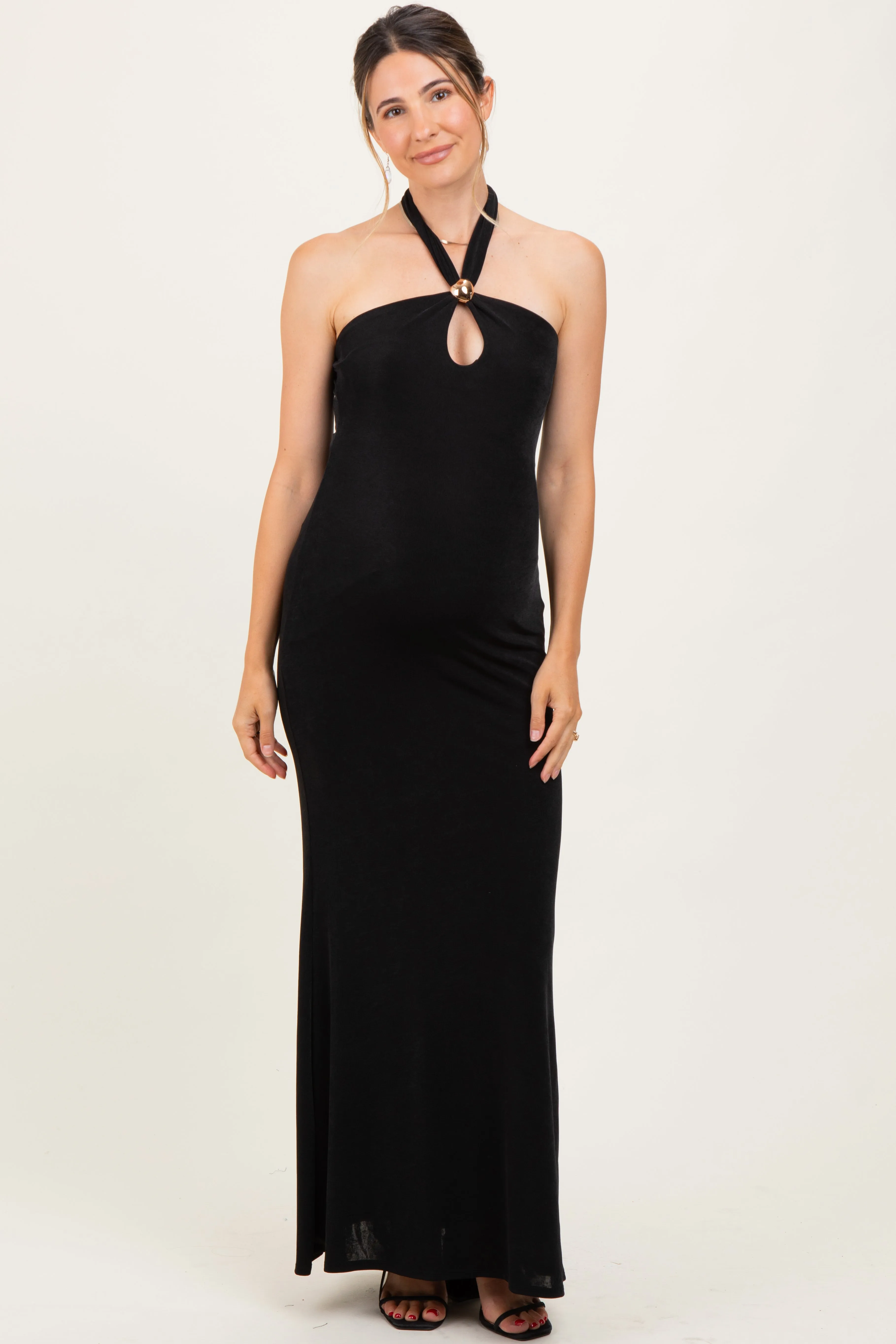 Black Halter Pendant Maternity Maxi Dress sold by Pinkblush product image thumbnail 2