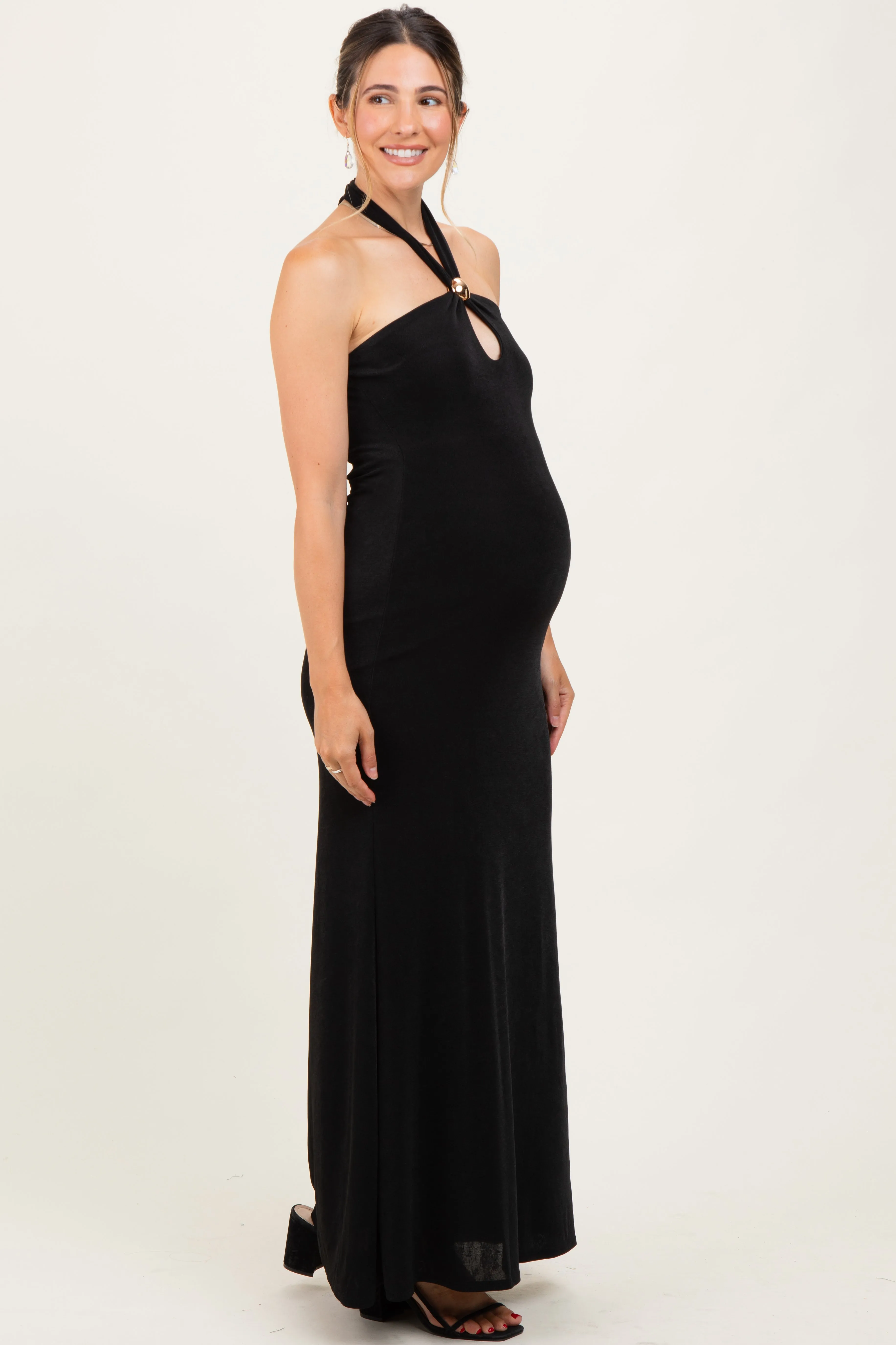 Black Halter Pendant Maternity Maxi Dress sold by Pinkblush product image thumbnail 3