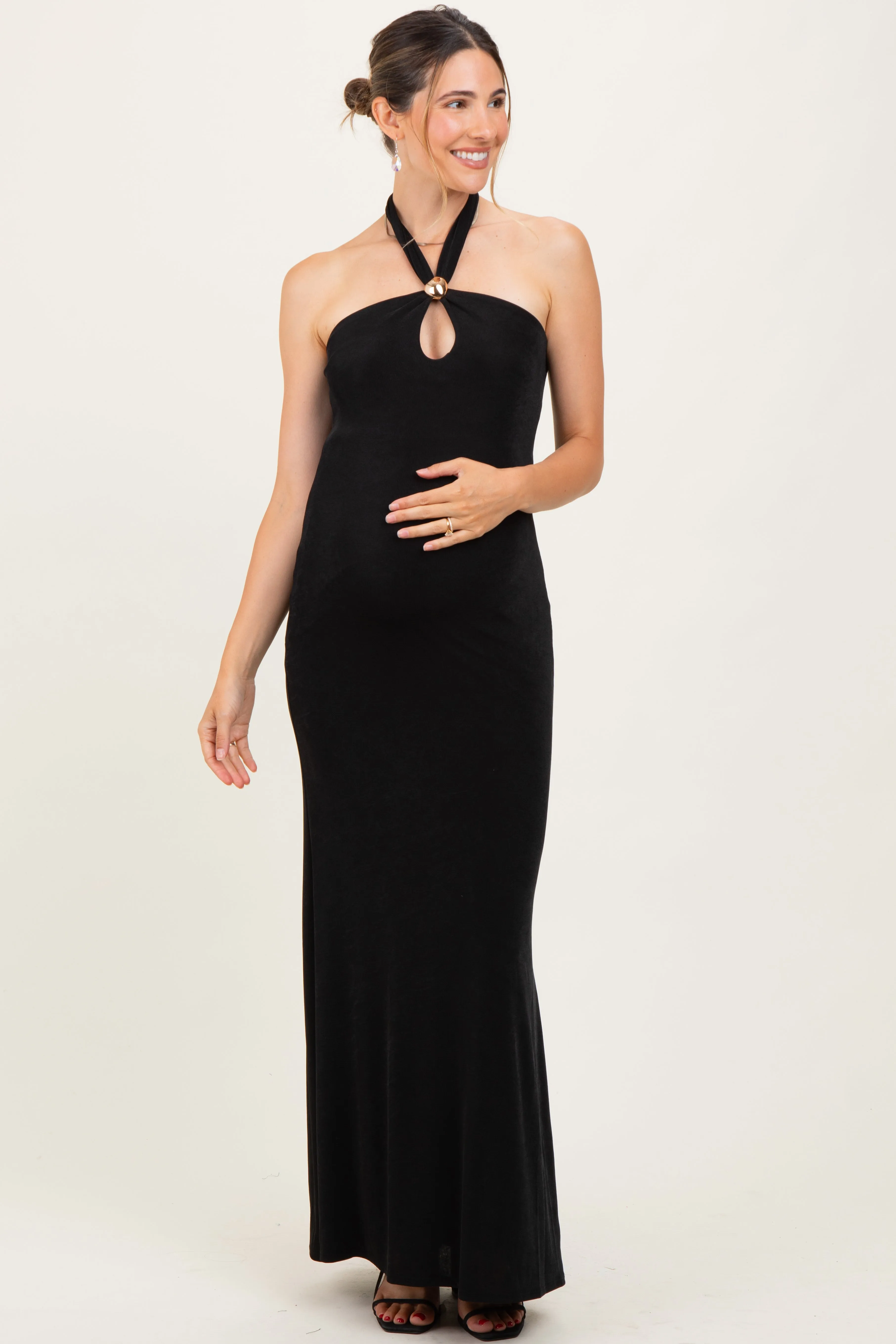 Black Halter Pendant Maternity Maxi Dress sold by Pinkblush
