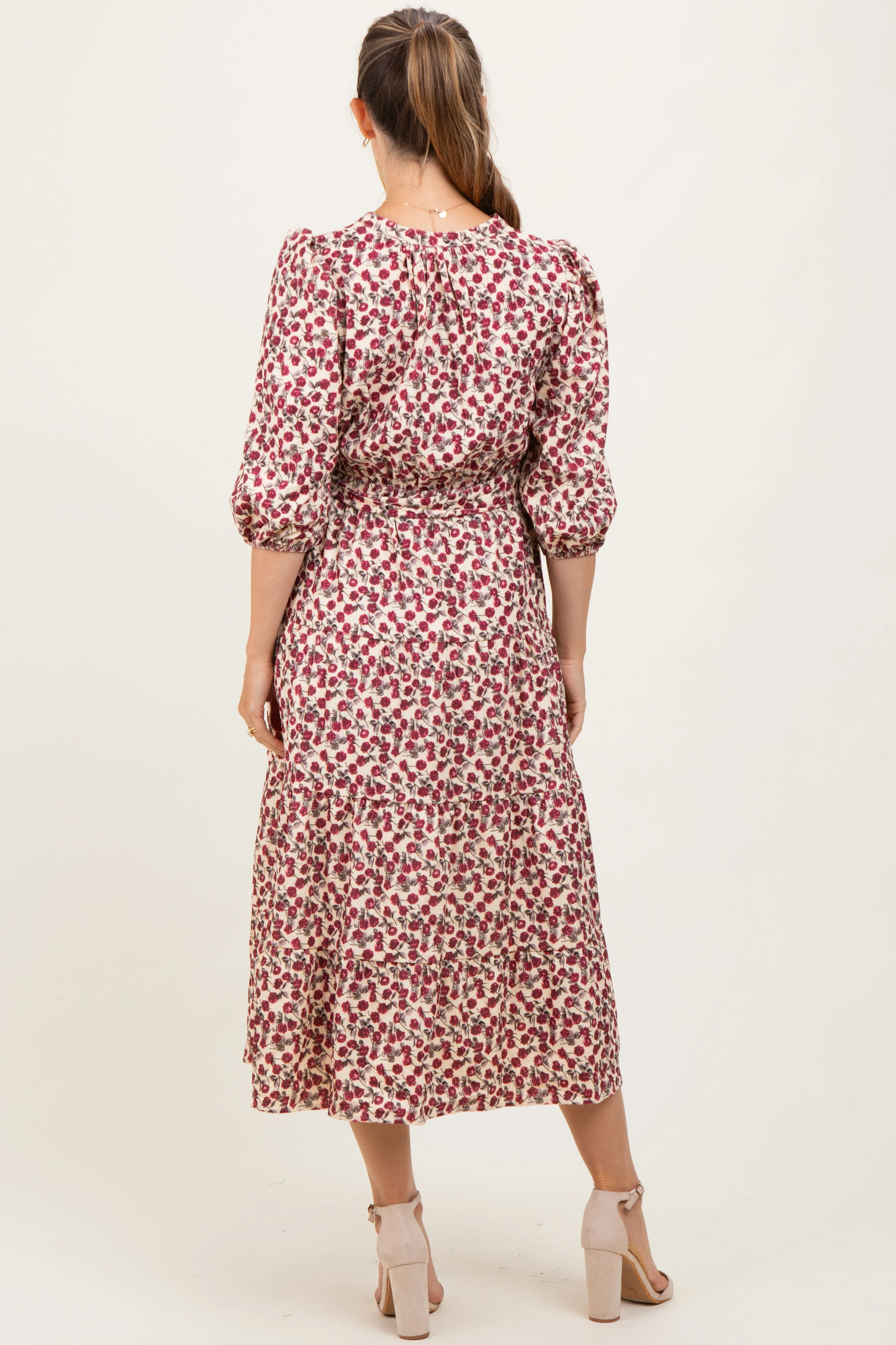 Cream Floral Button Down Front Tie Maternity Midi Dress sold by Pinkblush product image thumbnail 4