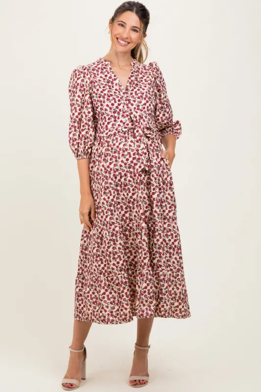 Cream Floral Button Down Front Tie Maternity Midi Dress sold by Pinkblush