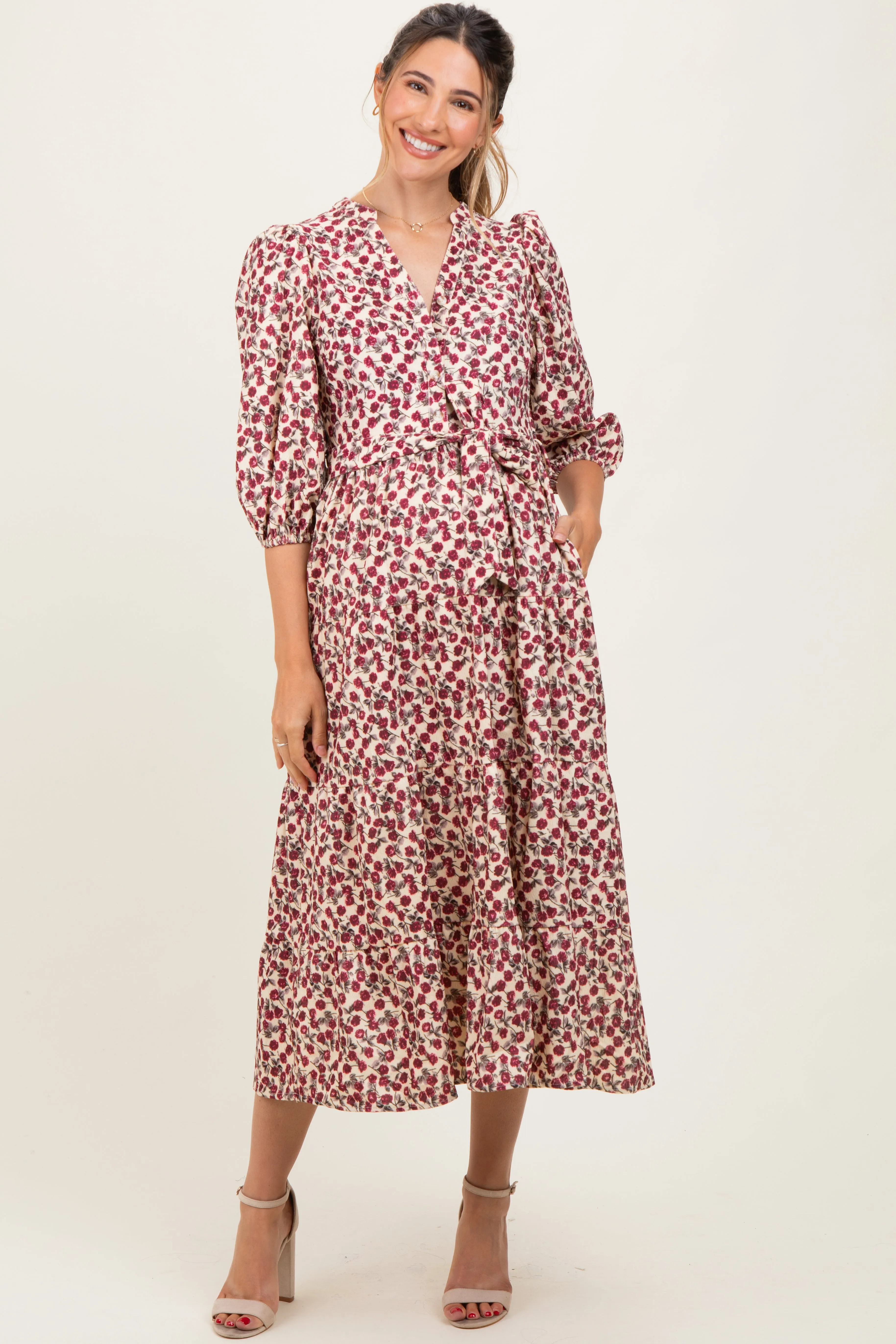Cream Floral Button Down Front Tie Maternity Midi Dress sold by Pinkblush