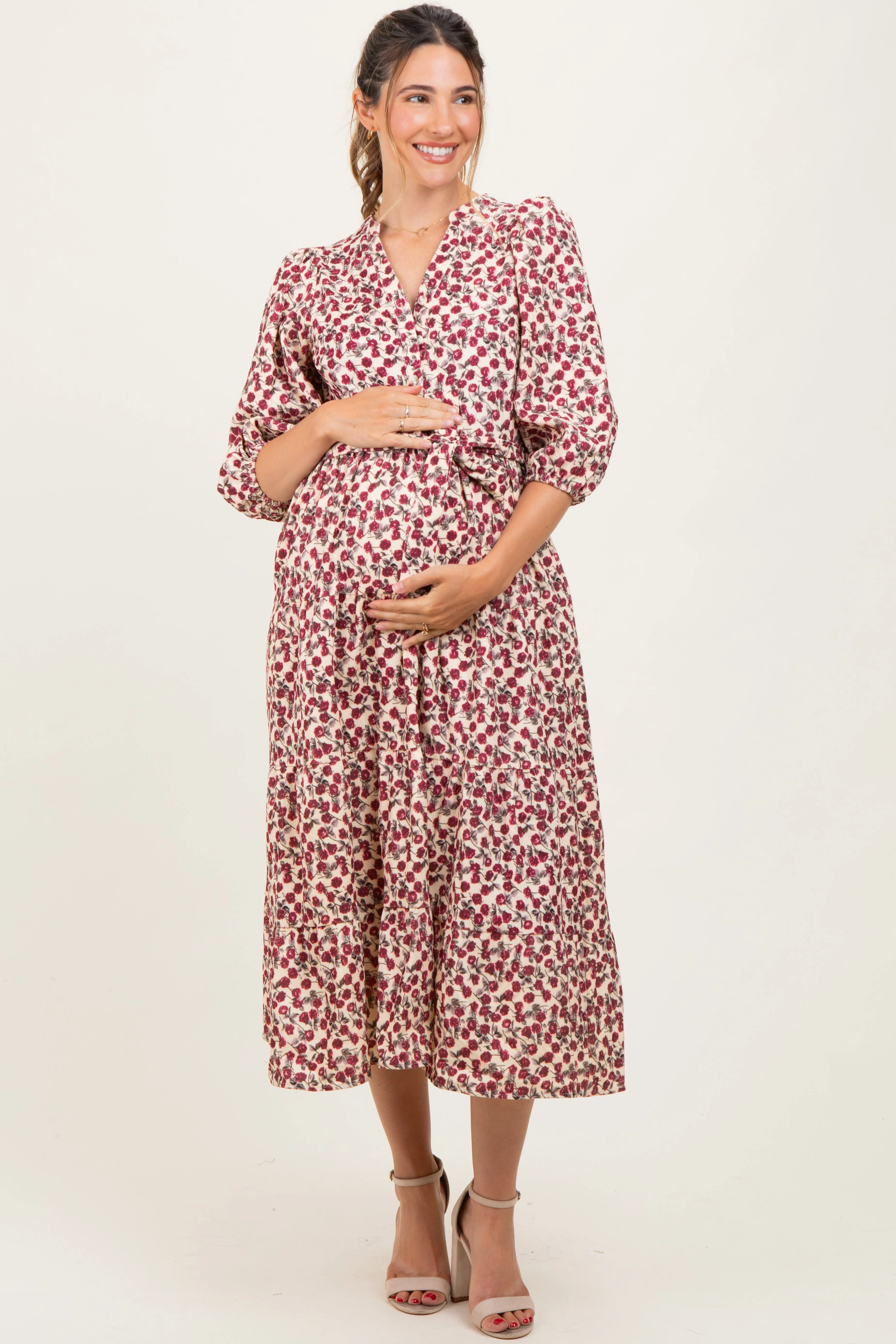Cream Floral Button Down Front Tie Maternity Midi Dress sold by Pinkblush product image thumbnail 2