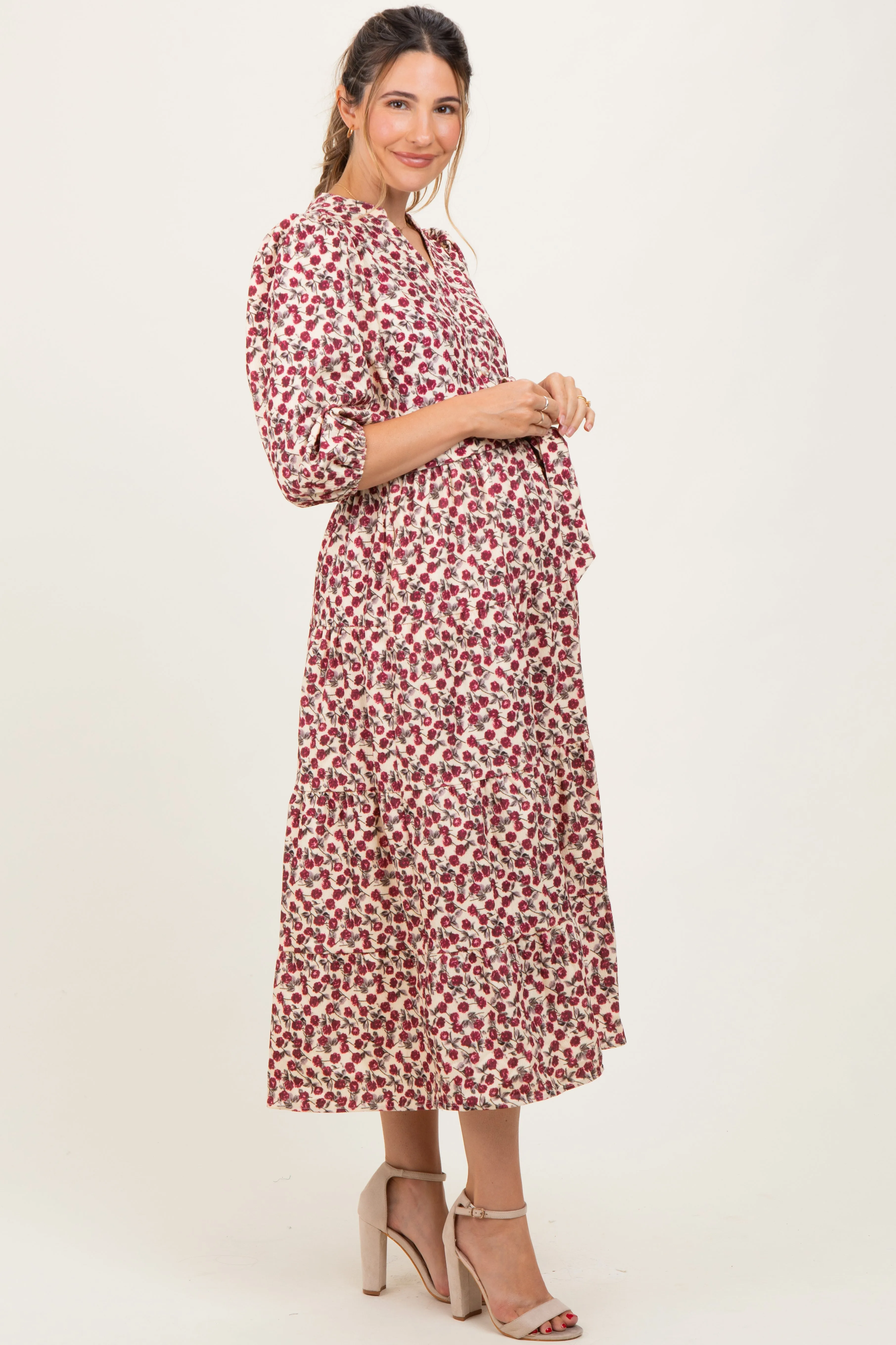 Cream Floral Button Down Front Tie Maternity Midi Dress sold by Pinkblush product image thumbnail 3