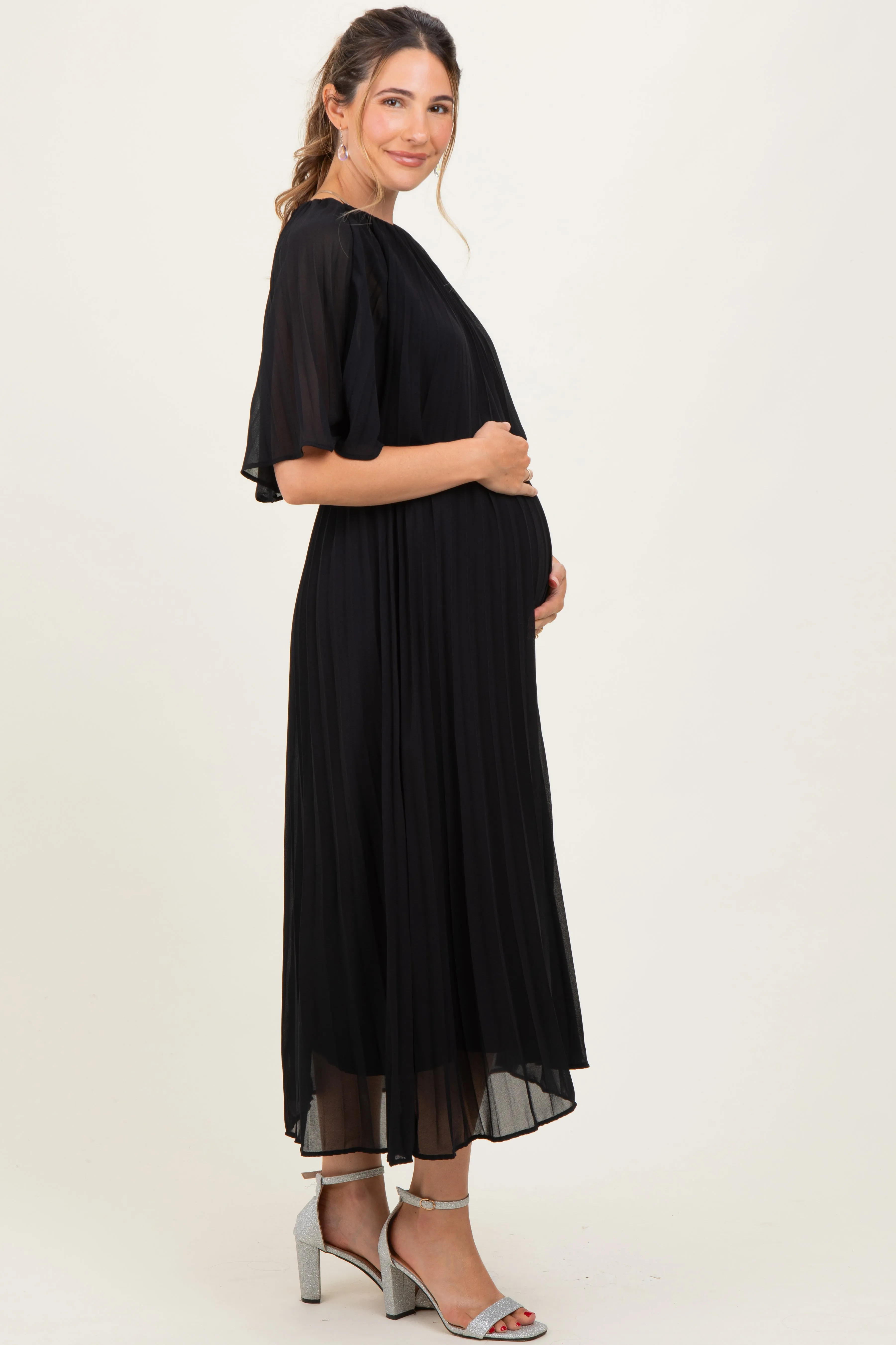 Black Pleated Cape Maternity Midi Dress sold by Pinkblush product image thumbnail 2