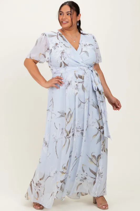 Light Blue Floral Chiffon Sash Tie Plus Maxi Dress sold by Pinkblush
