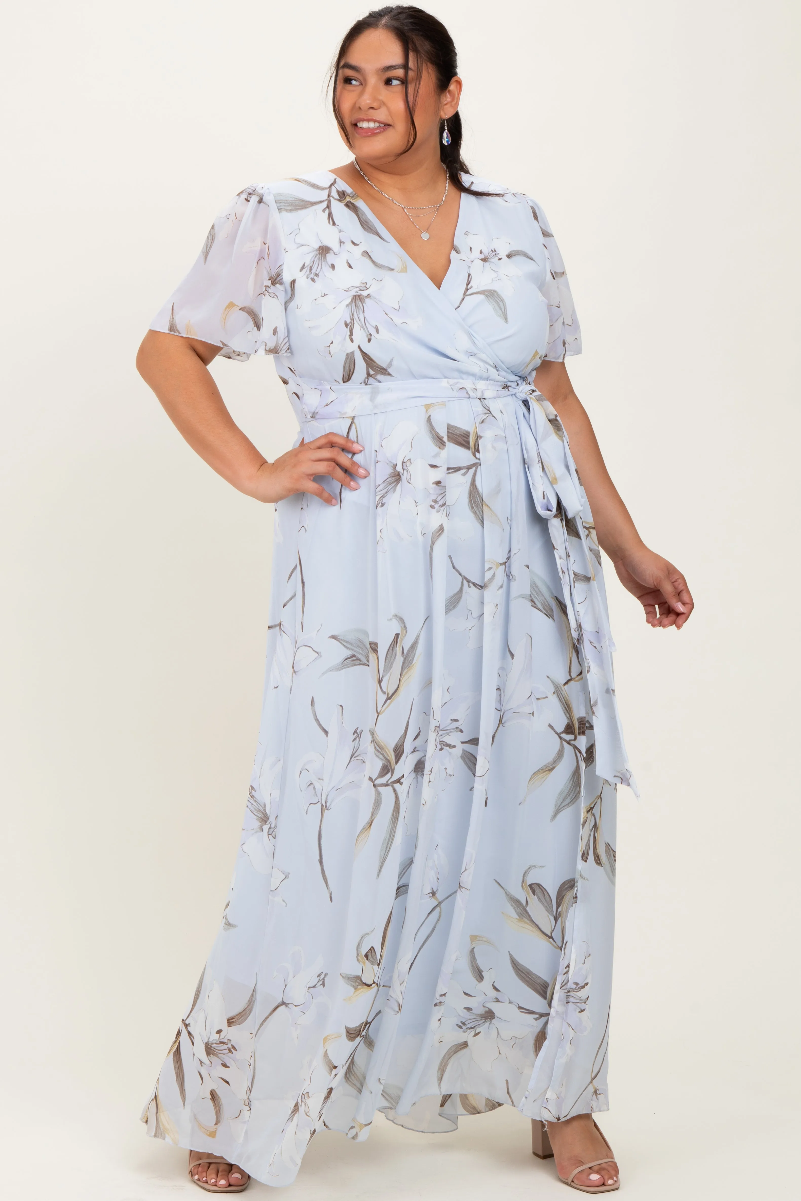 Light Blue Floral Chiffon Sash Tie Plus Maxi Dress sold by Pinkblush