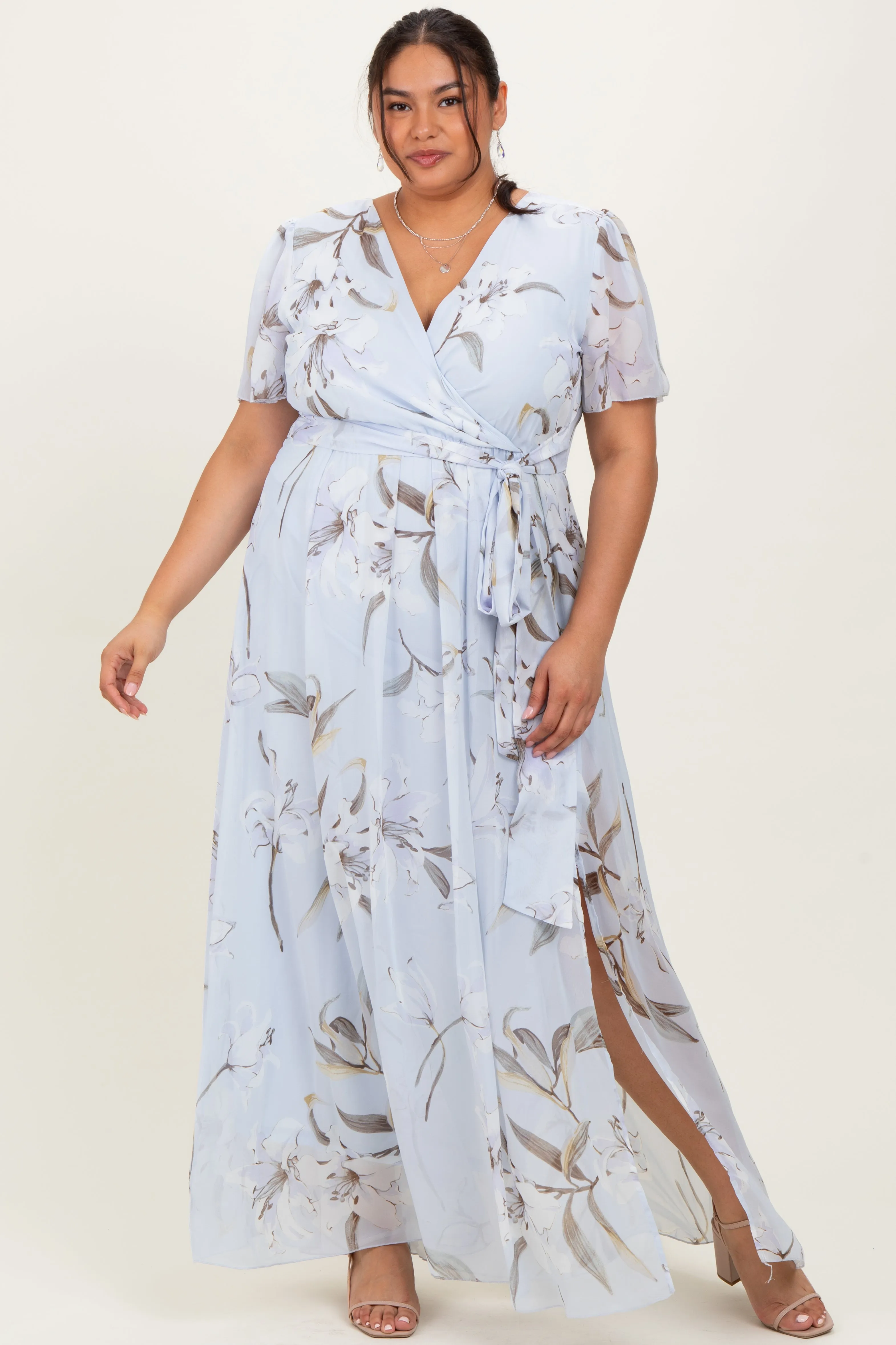 Light Blue Floral Chiffon Sash Tie Plus Maxi Dress sold by Pinkblush product image thumbnail 2