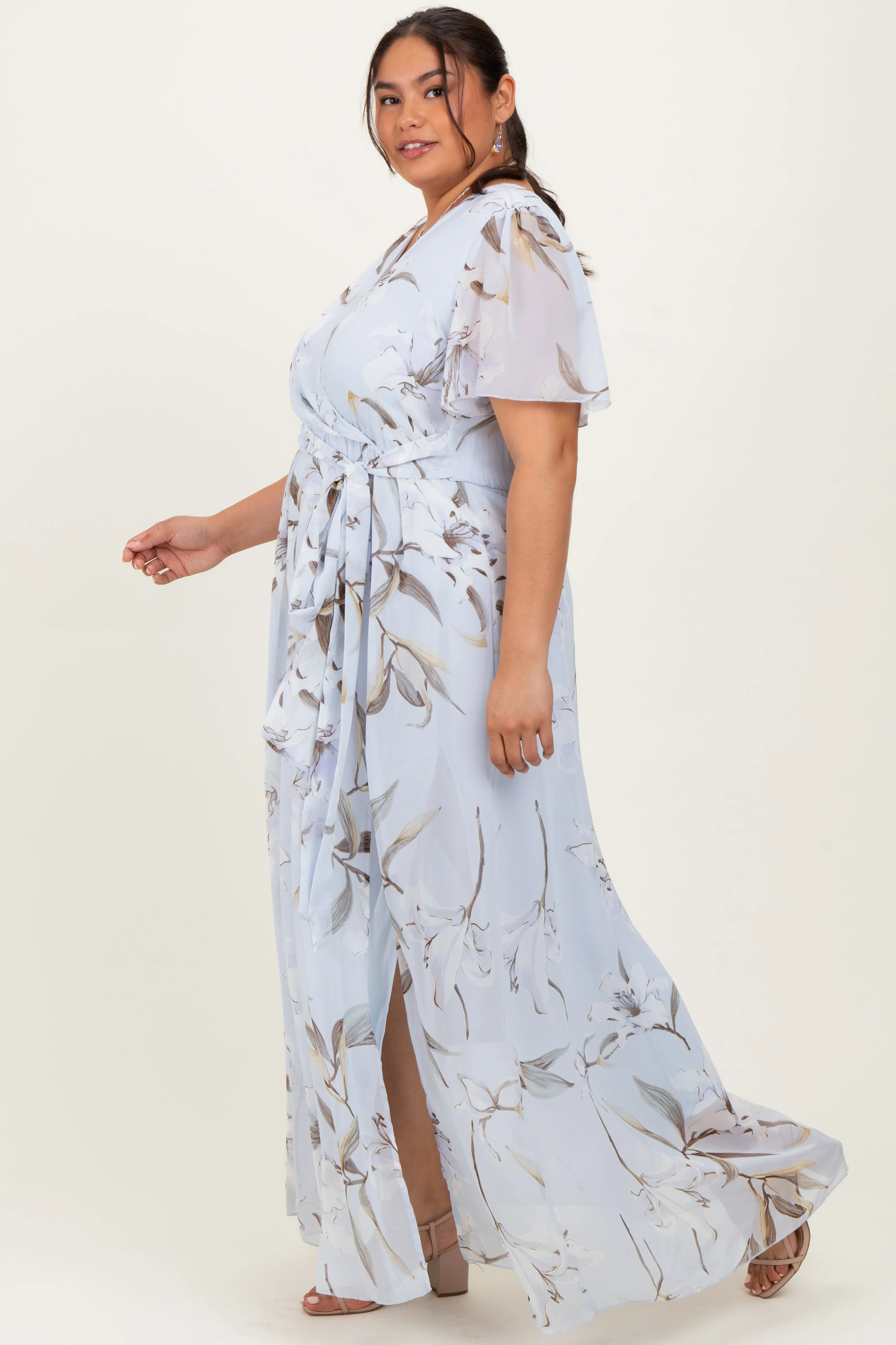 Light Blue Floral Chiffon Sash Tie Plus Maxi Dress sold by Pinkblush product image thumbnail 3