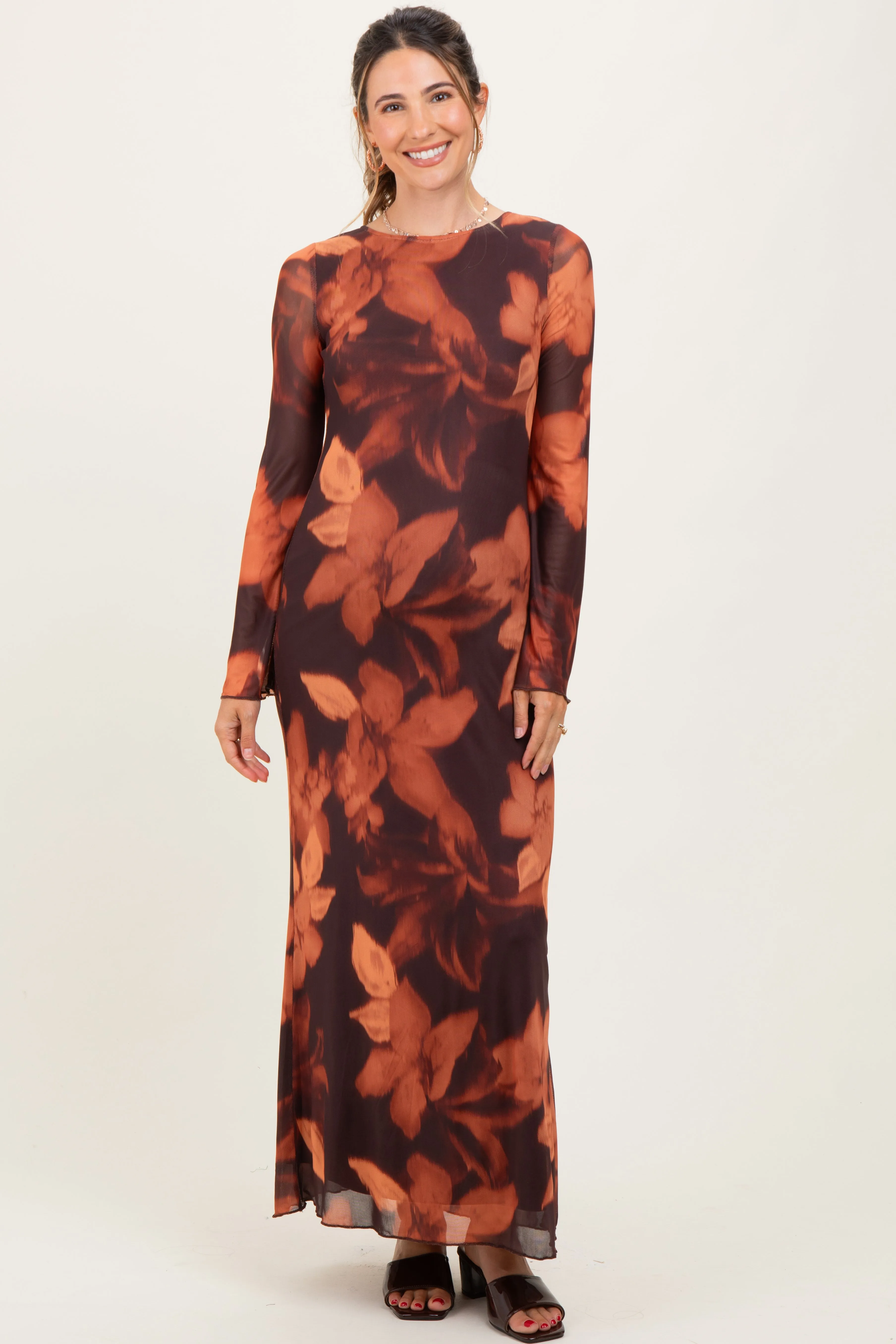 Burgundy Flora Mesh Overlay Maternity Maxi Dress sold by Pinkblush product image thumbnail 2