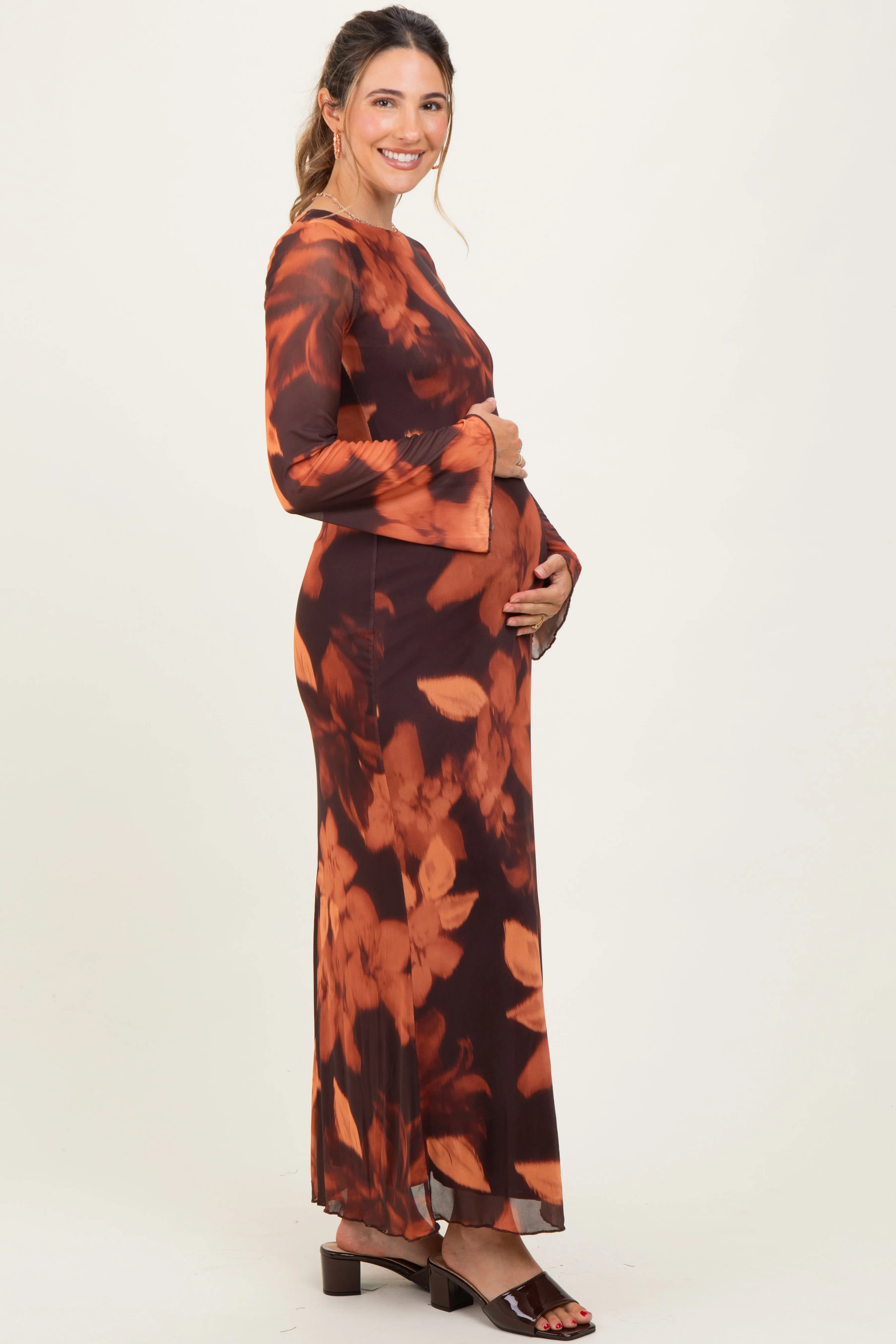 Burgundy Flora Mesh Overlay Maternity Maxi Dress sold by Pinkblush product image thumbnail 3