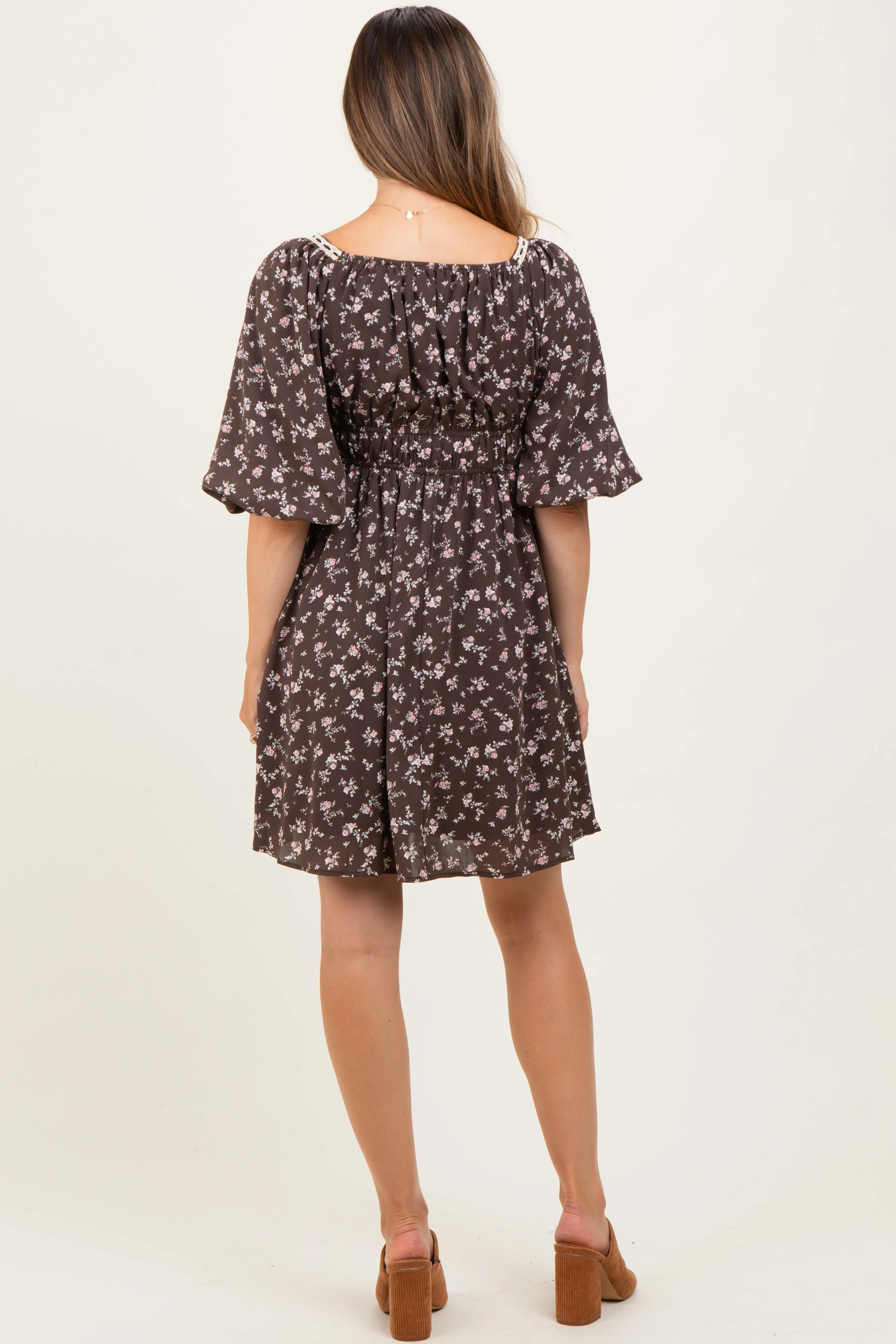 Brown Floral Square Neck Bubble Sleeve Maternity Dress sold by Pinkblush product image thumbnail 4