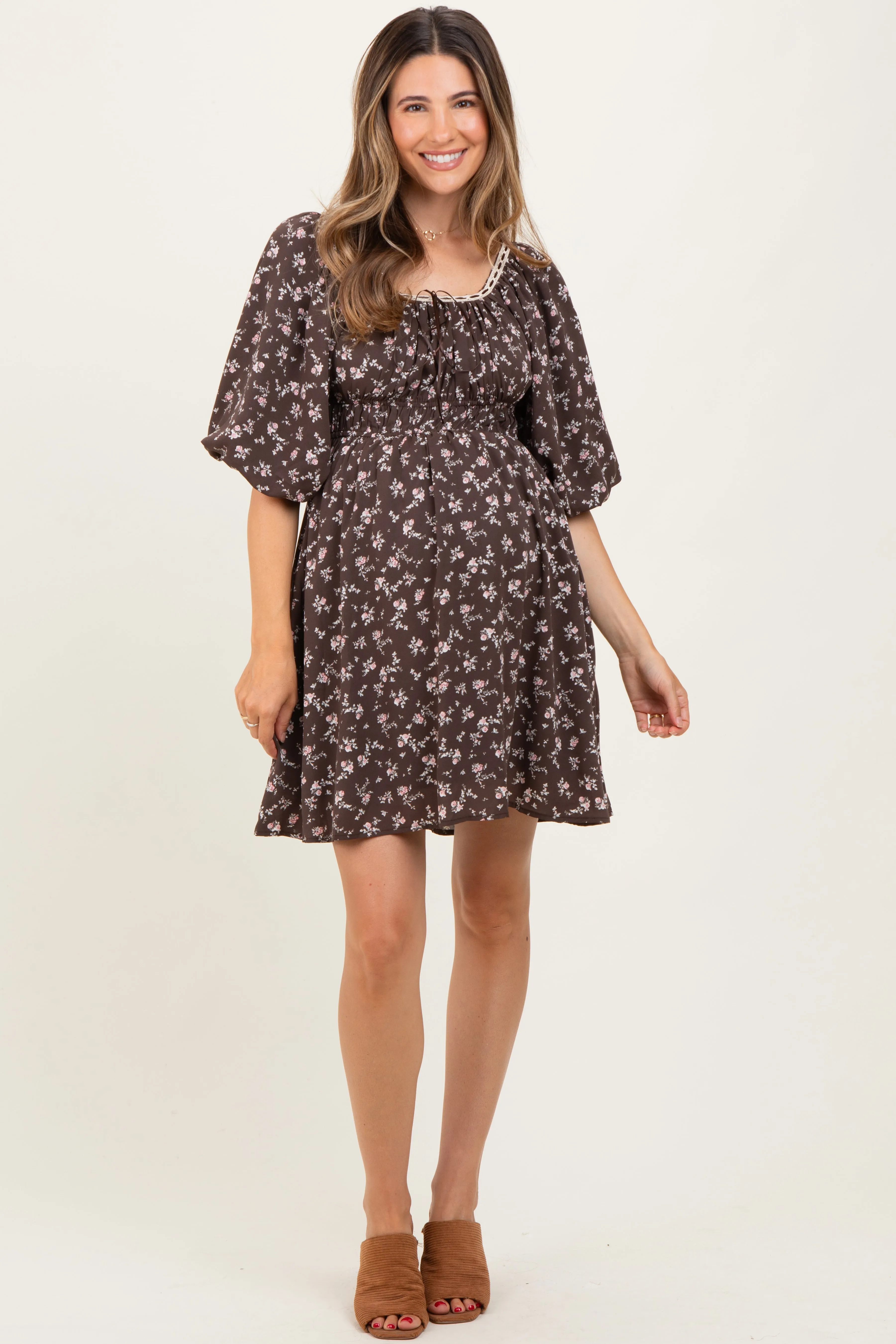 Brown Floral Square Neck Bubble Sleeve Maternity Dress sold by Pinkblush product image thumbnail 2