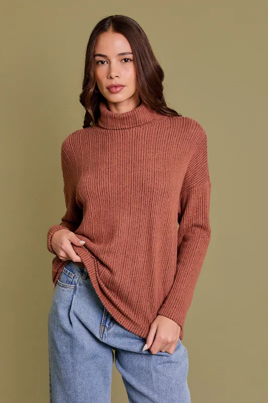 Rust Ribbed Turtle Neck Long Sleeve Top sold by Pinkblush