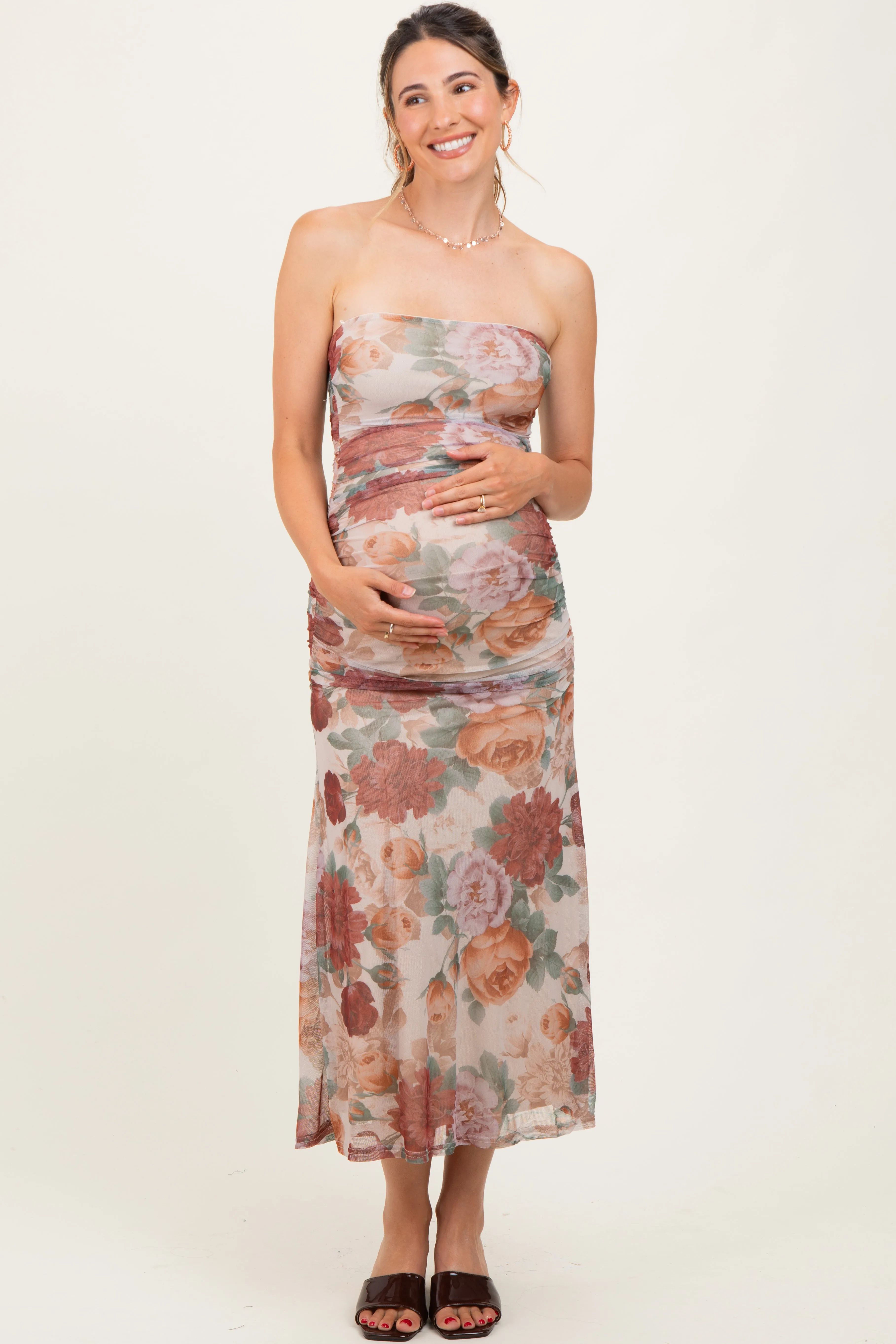 Taupe Floral Strapless Ruched Midi Maternity Dress sold by Pinkblush product image thumbnail 3