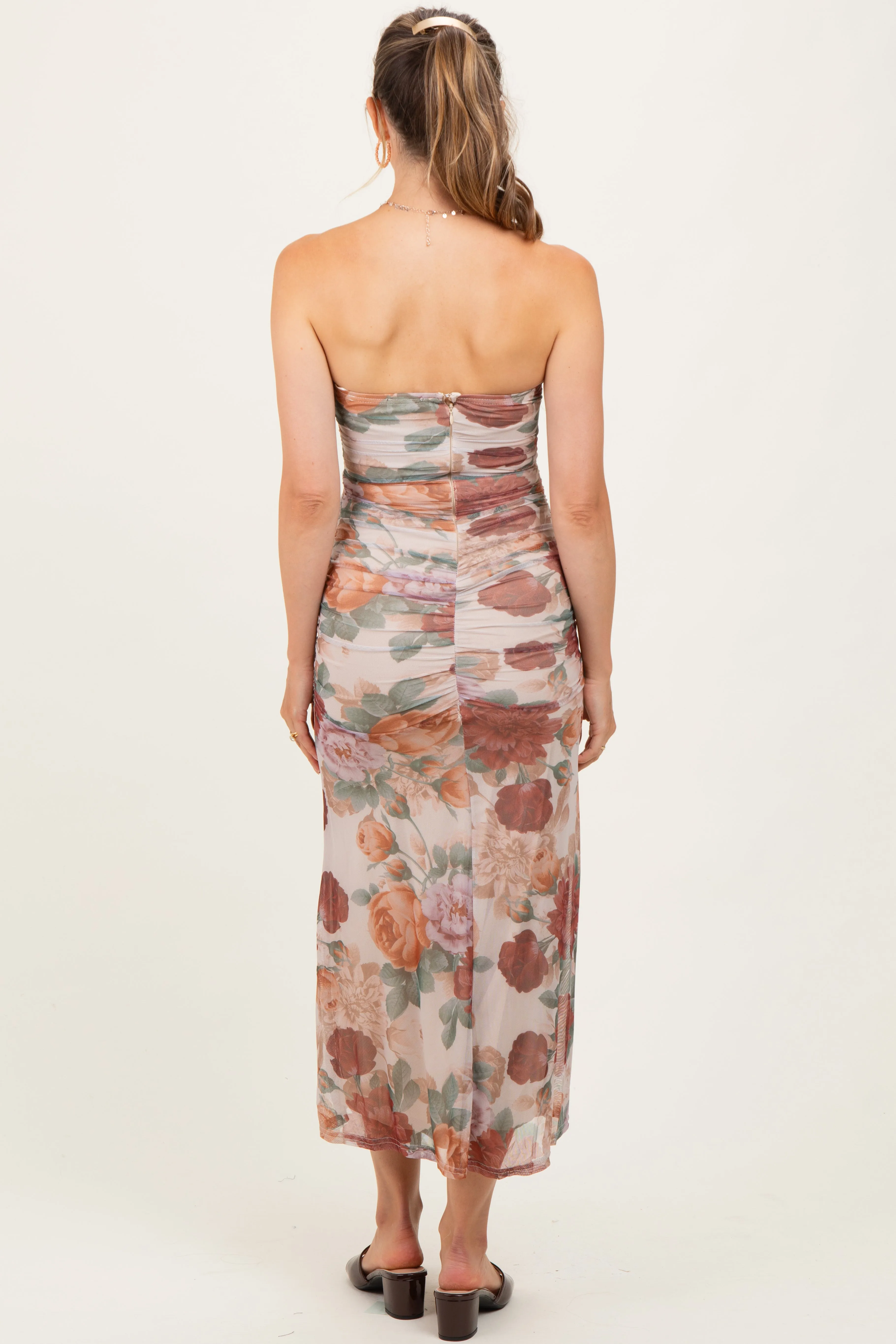 Taupe Floral Strapless Ruched Midi Maternity Dress sold by Pinkblush product image thumbnail 4