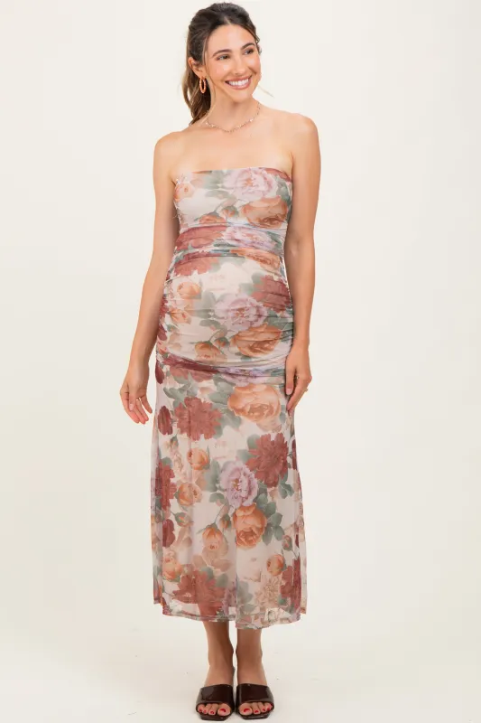 Taupe Floral Strapless Ruched Midi Maternity Dress sold by Pinkblush