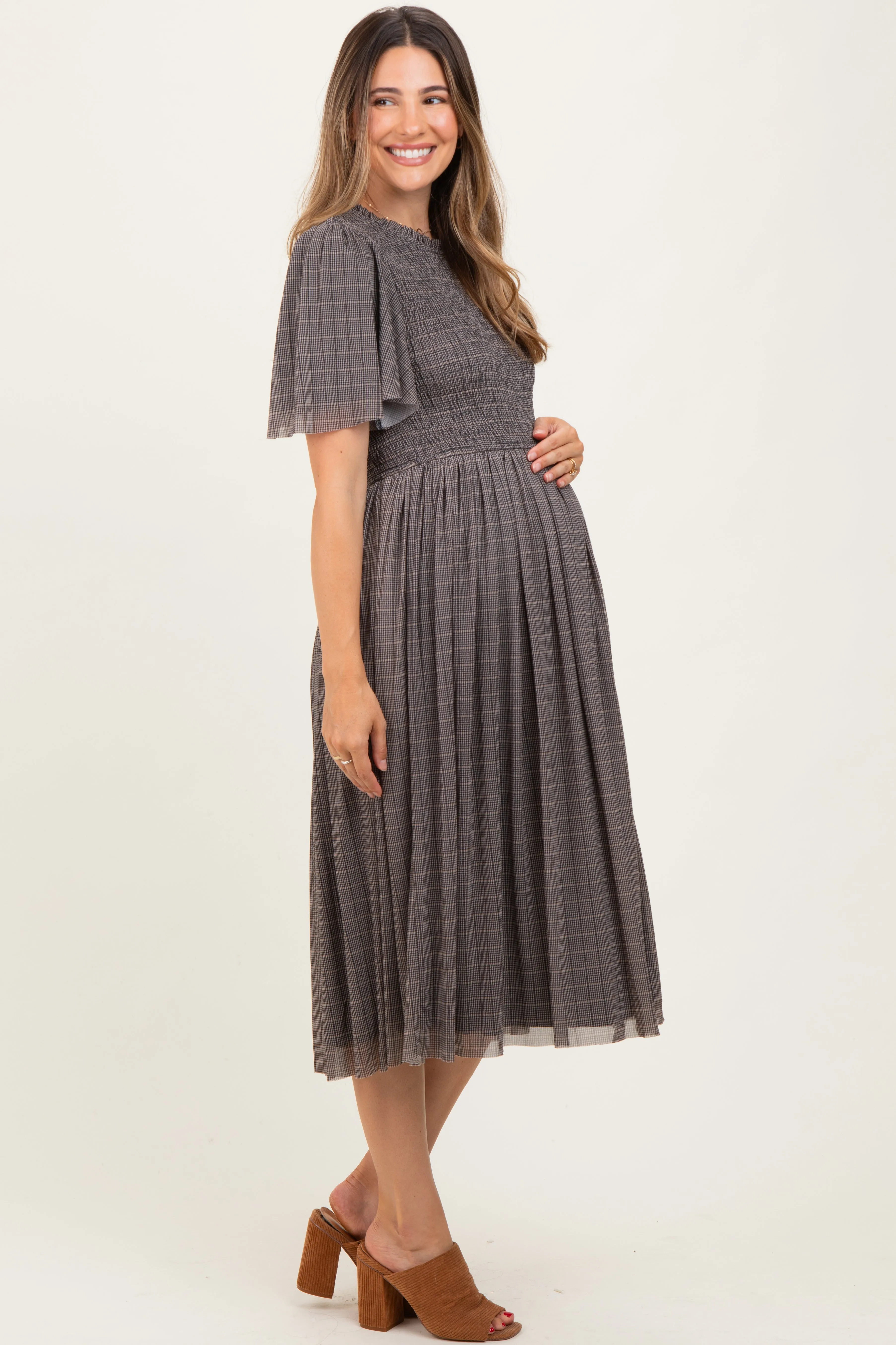 Black Plaid Smocked Mesh Maternity Midi Dress sold by Pinkblush product image thumbnail 3