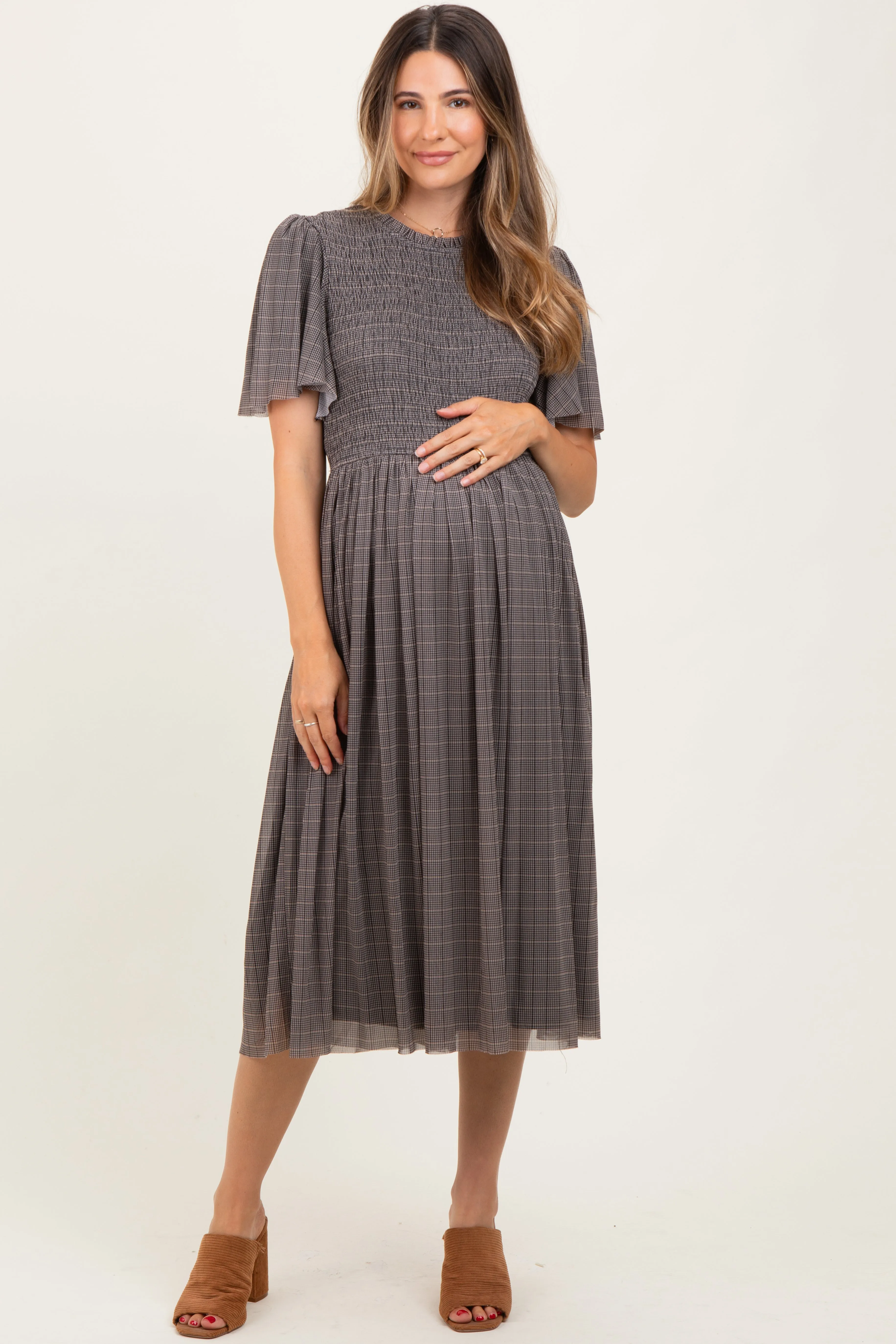 Black Plaid Smocked Mesh Maternity Midi Dress sold by Pinkblush