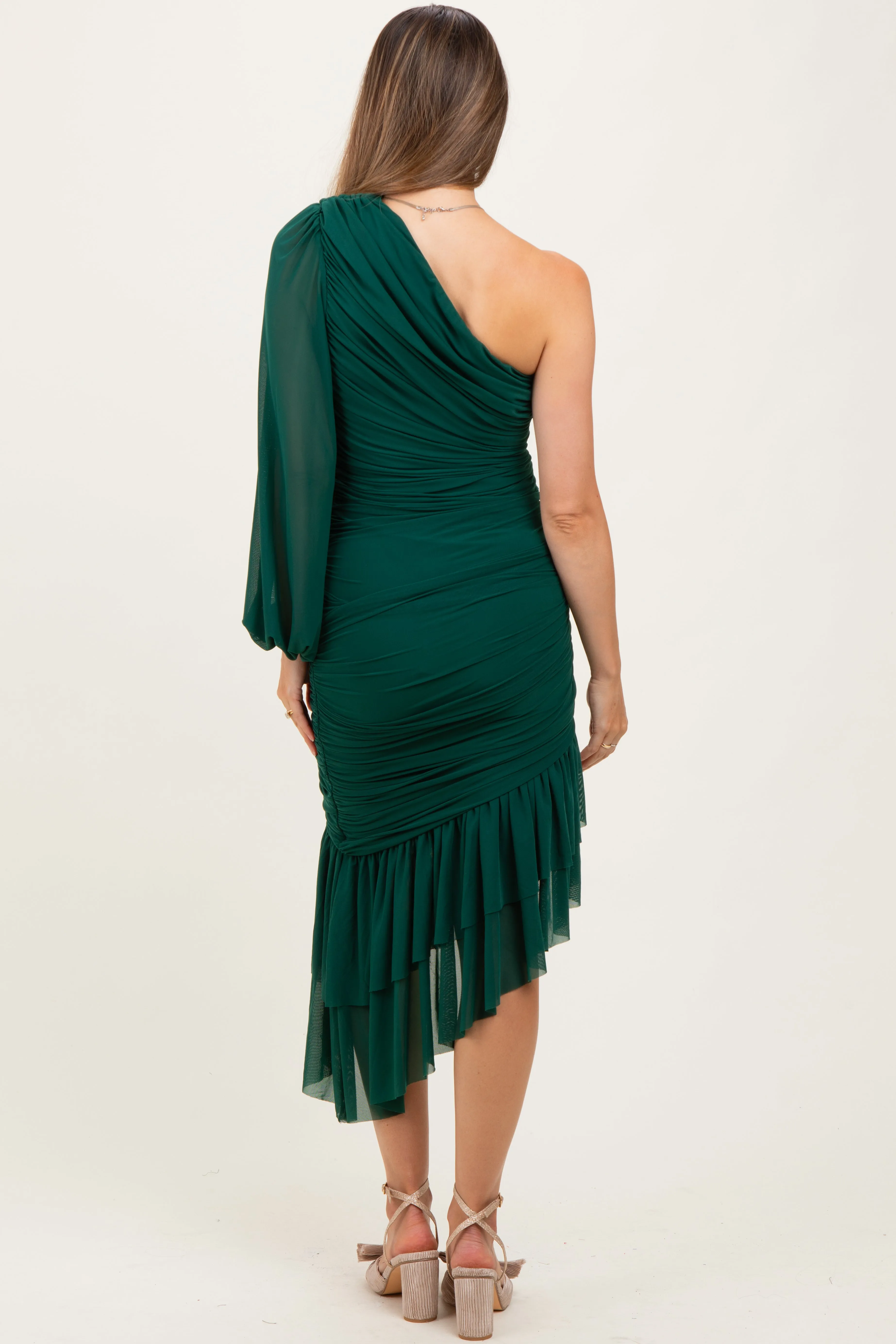Forest Green Mesh Ruched One Shoulder Asymmetric Maternity Dress sold by Pinkblush product image thumbnail 4