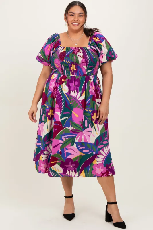 Purple Smocked Tropical Floral Plus Midi Dress sold by Pinkblush