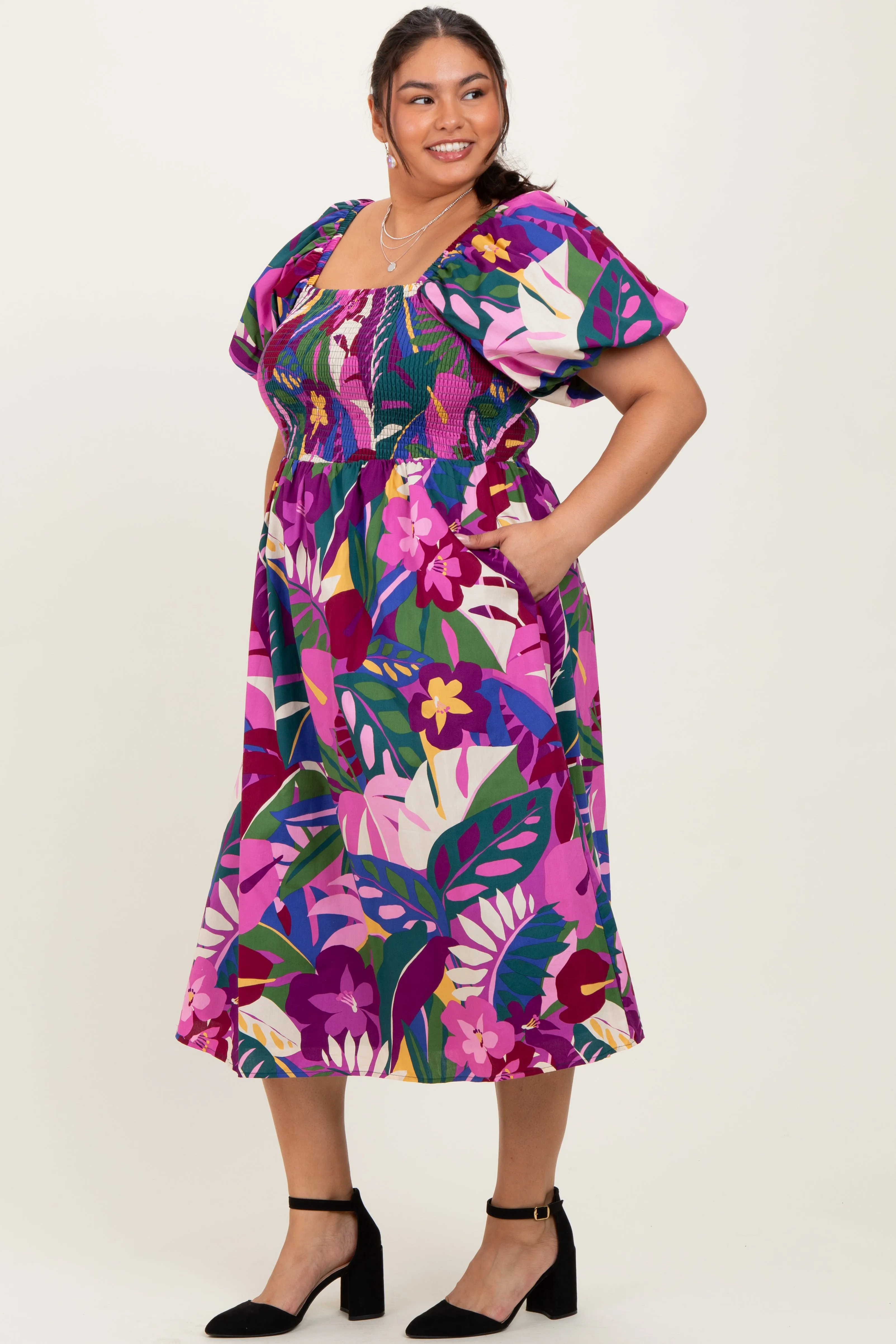 Purple Smocked Tropical Floral Plus Midi Dress sold by Pinkblush product image thumbnail 2