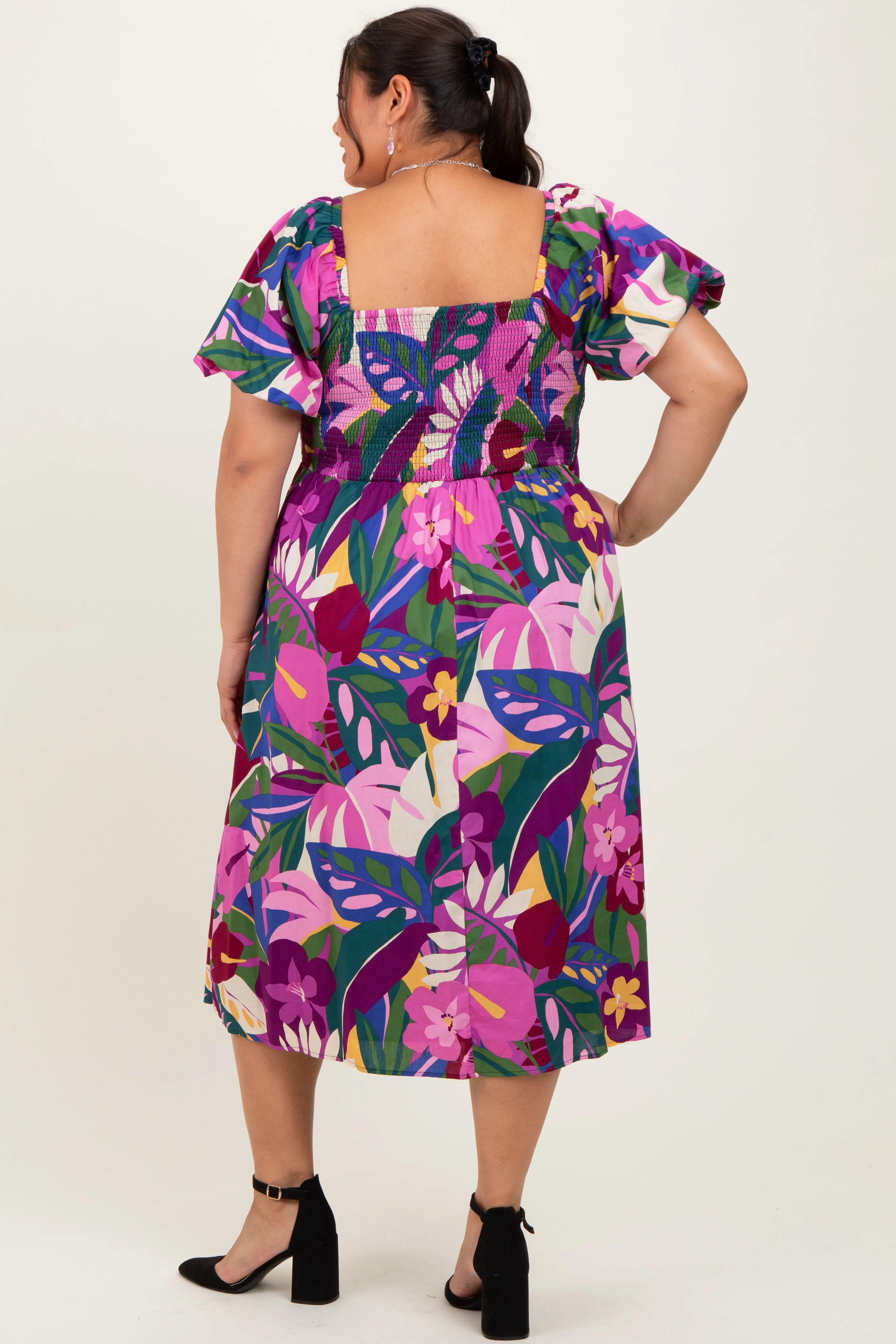 Purple Smocked Tropical Floral Plus Midi Dress sold by Pinkblush product image thumbnail 3