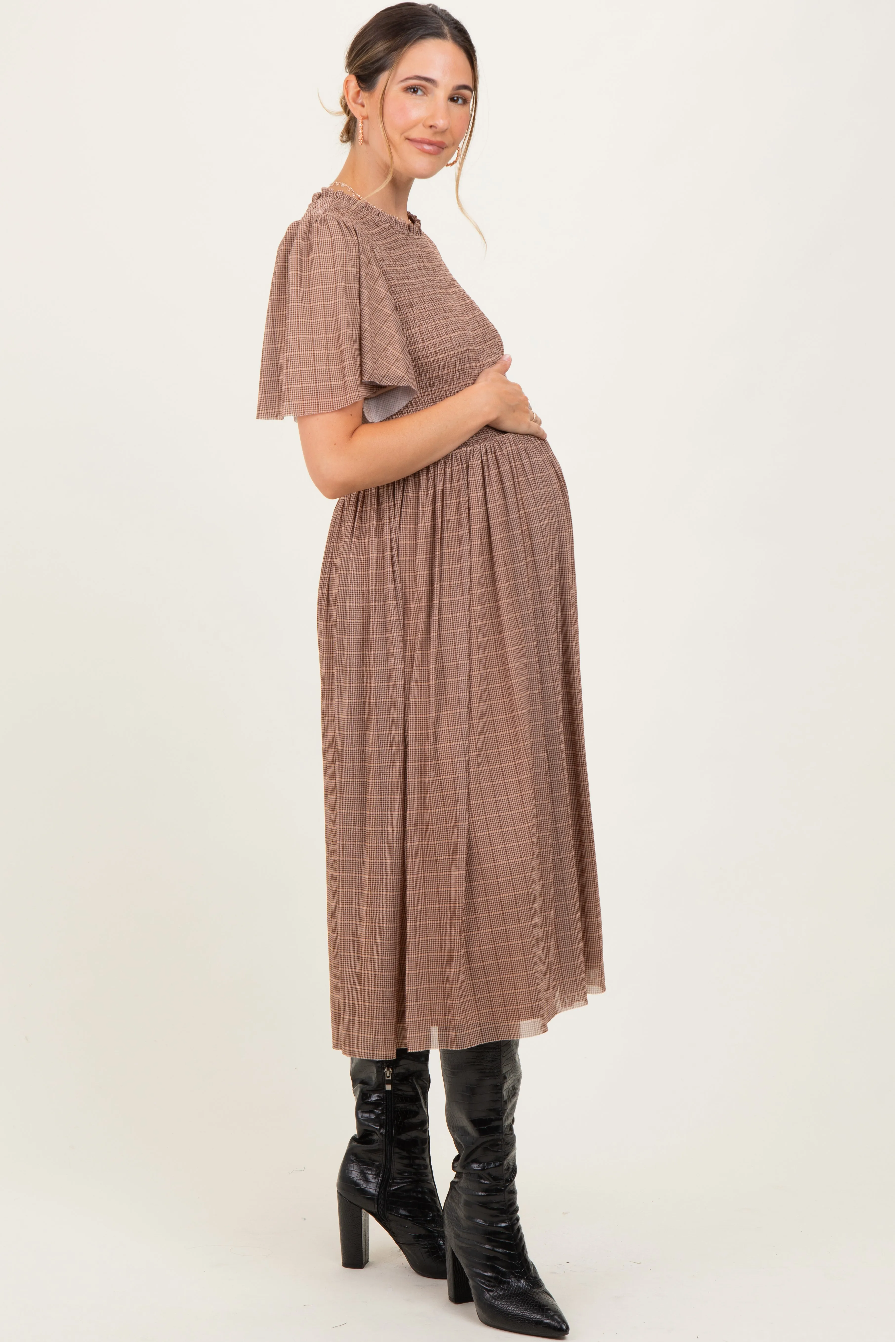 Beige Plaid Smocked Mesh Maternity Midi Dress sold by Pinkblush product image thumbnail 3