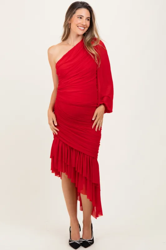 Red Mesh Ruched One Shoulder Asymmetric Maternity Dress sold by Pinkblush
