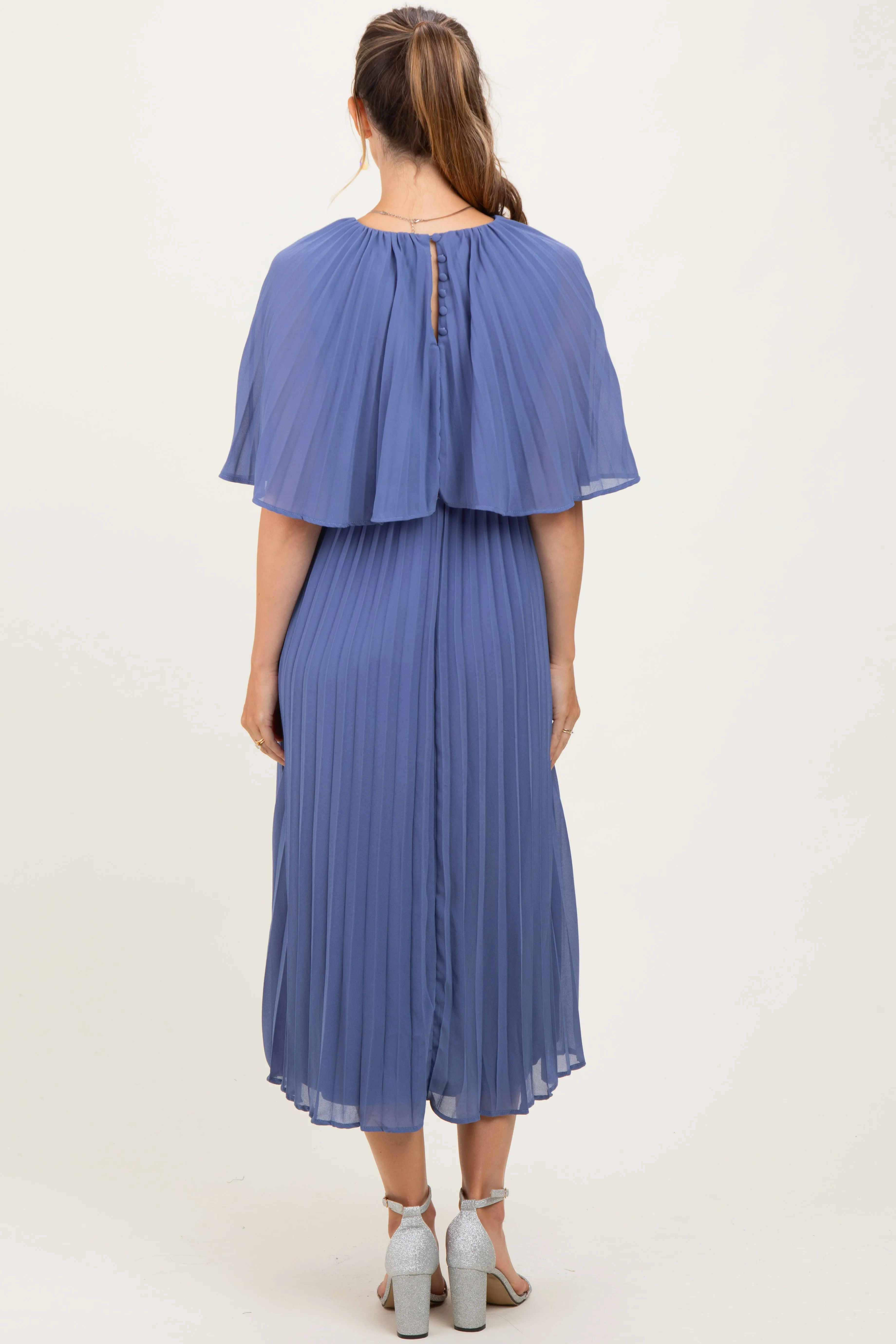 Blue Pleated Cape Maternity Midi Dress sold by Pinkblush product image thumbnail 4