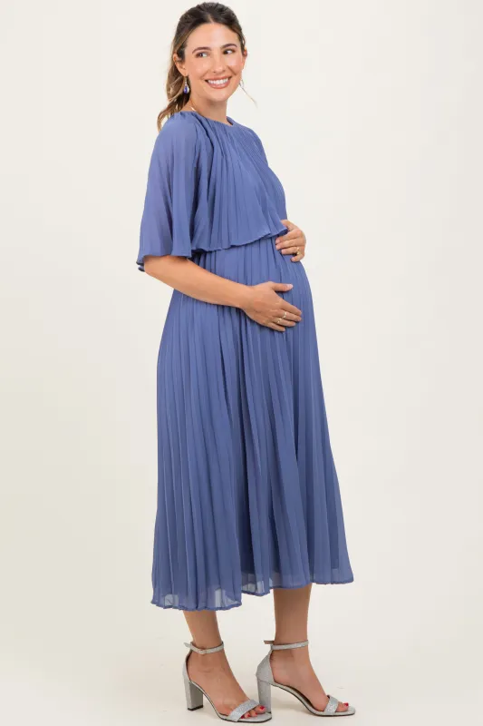 Blue Pleated Cape Maternity Midi Dress sold by Pinkblush