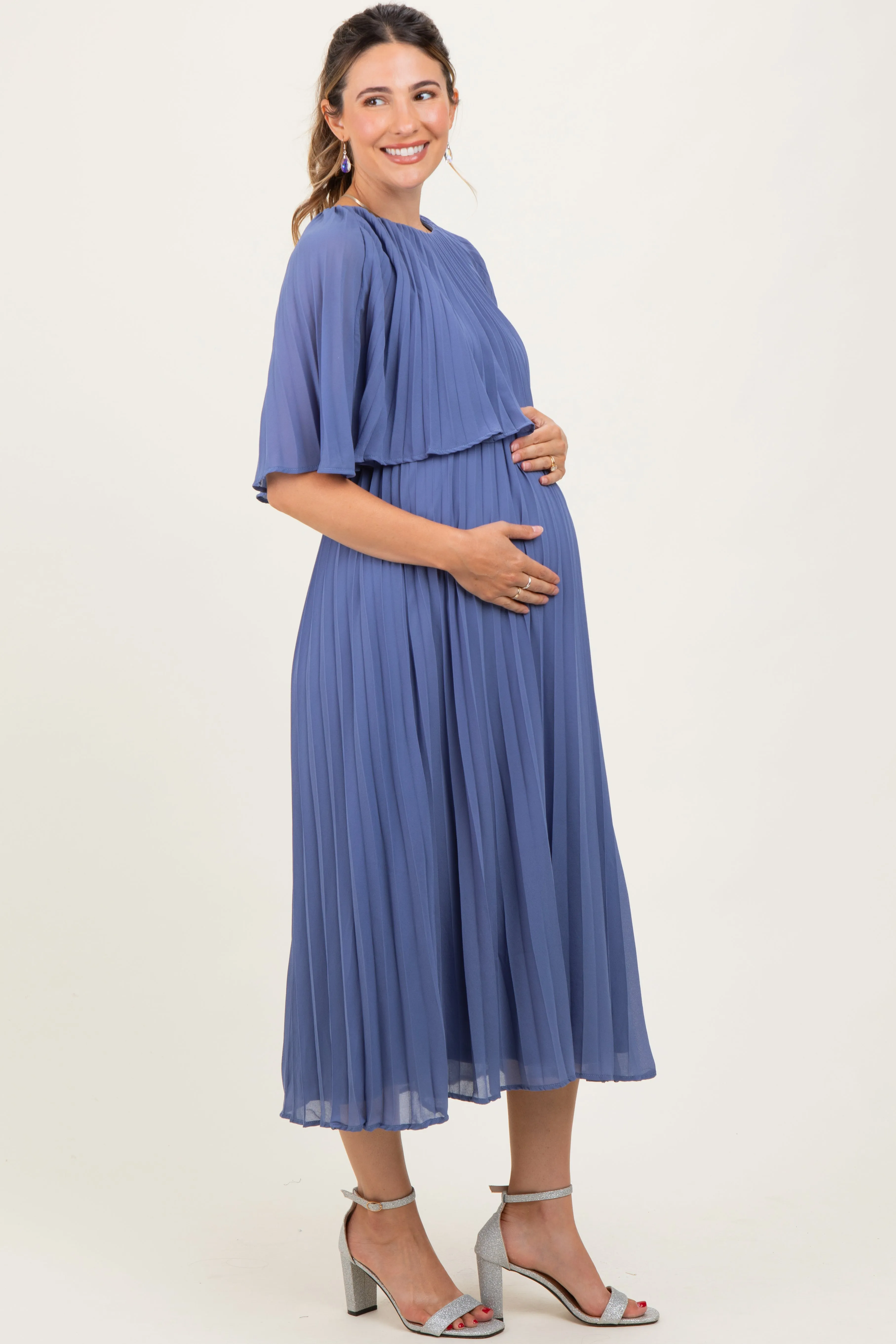 Blue Pleated Cape Maternity Midi Dress sold by Pinkblush