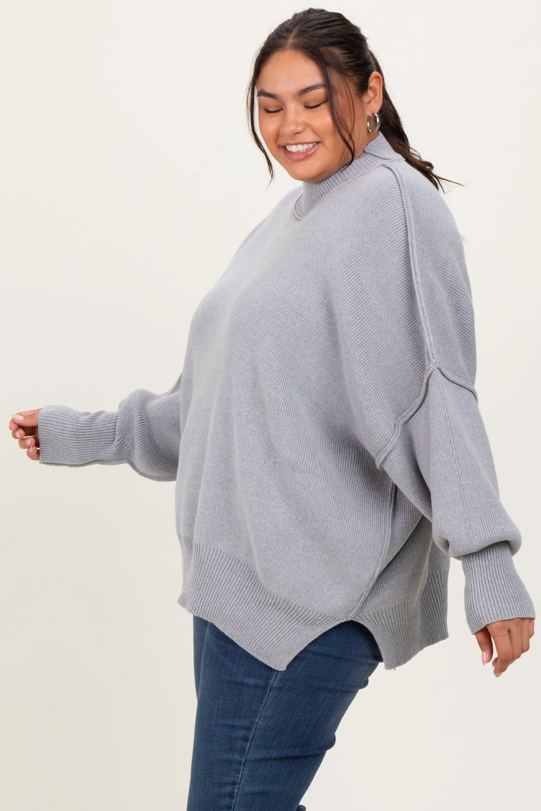 Heather Grey Mock Neck Exposed Seam Sweater sold by Pinkblush product image thumbnail 2