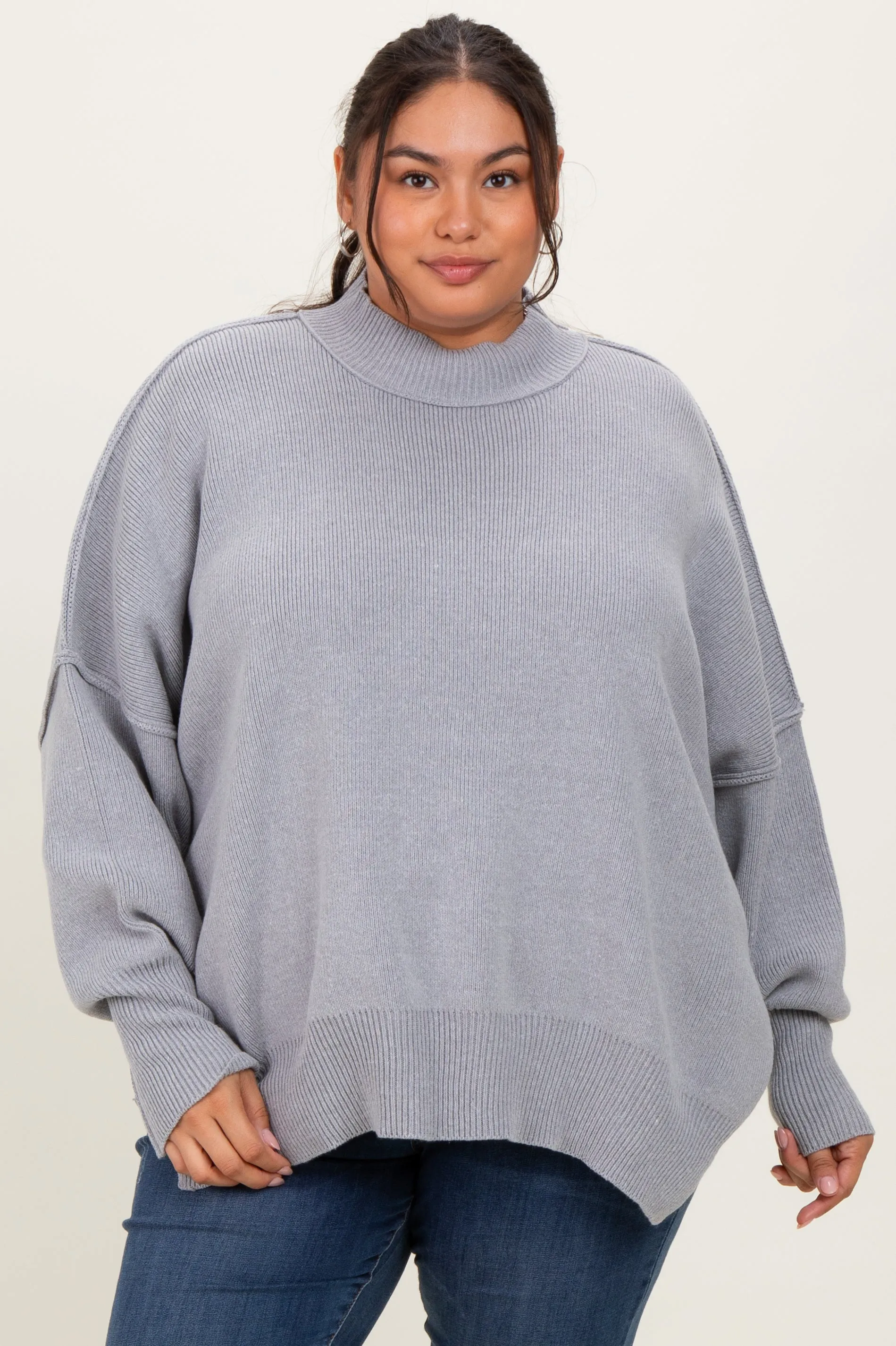 Heather Grey Mock Neck Exposed Seam Sweater sold by Pinkblush
