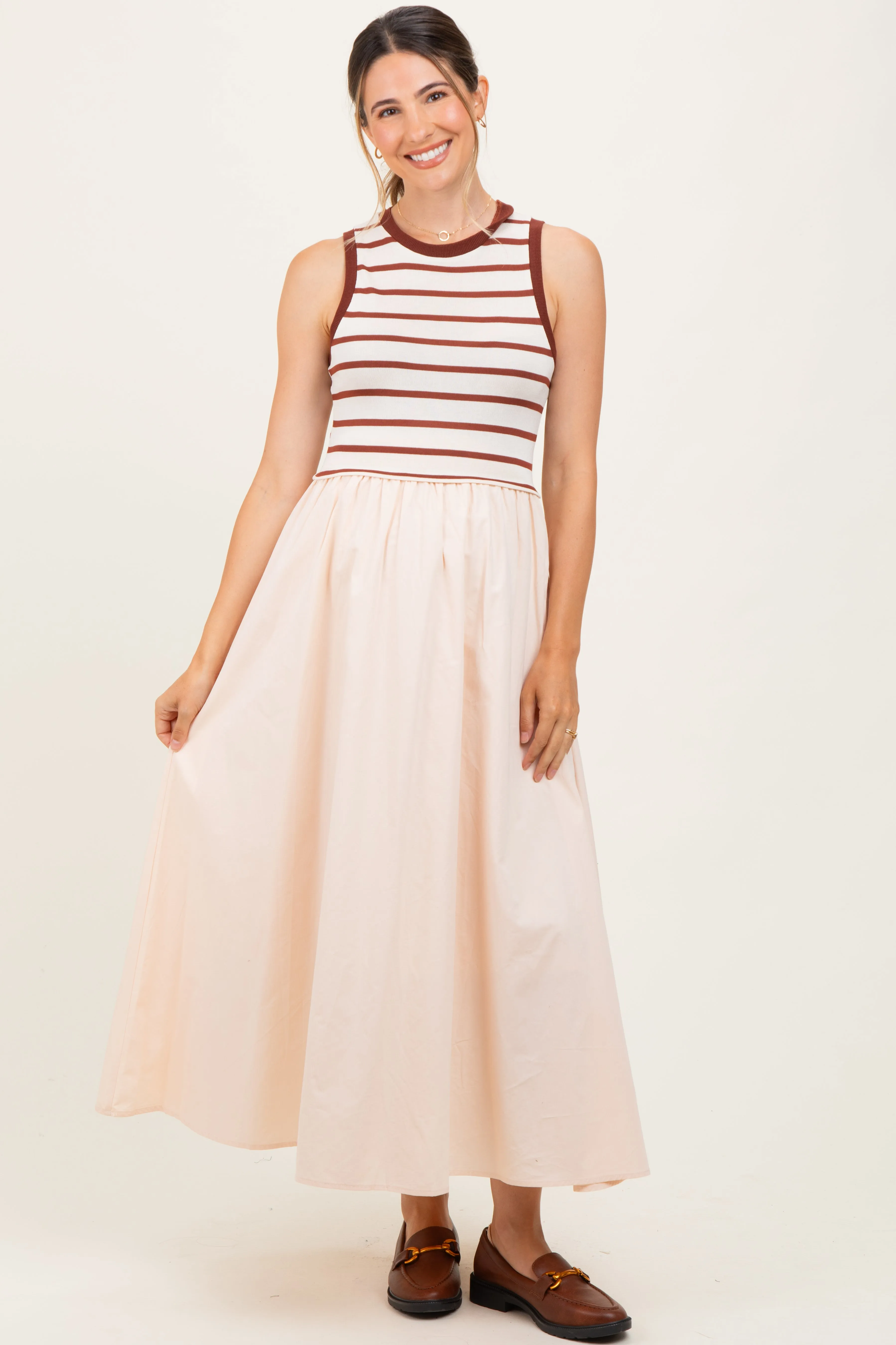 Cream Contrast Striped Bodice Sleeveless Maternity Maxi Dress sold by Pinkblush